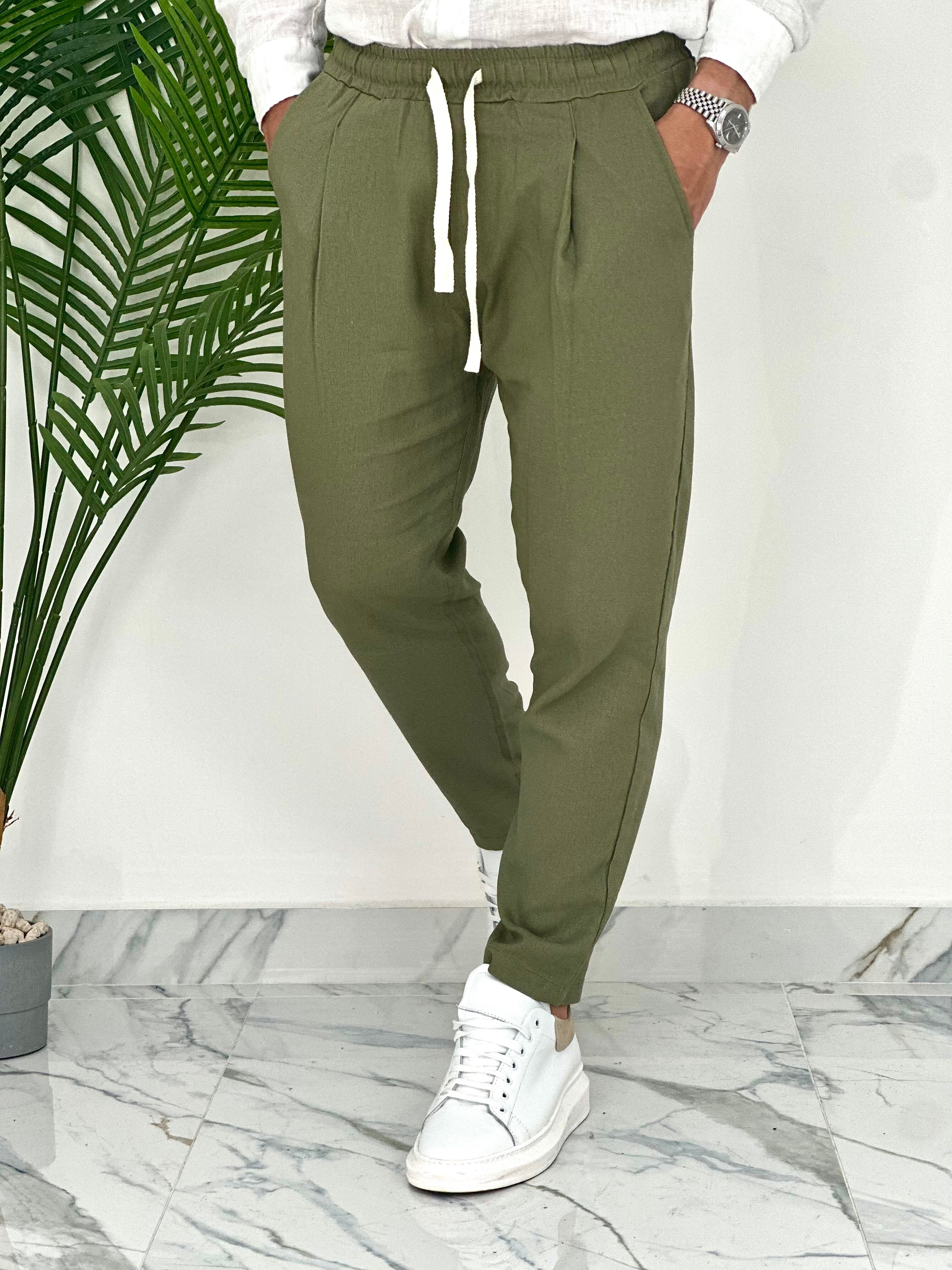 PANTALONI IN LINO PU2126 COL.VERDE MILITARE