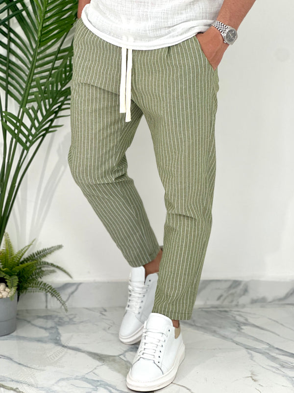 PANTALONE IN COTONE FRESCO RIGATO COL.VERDE