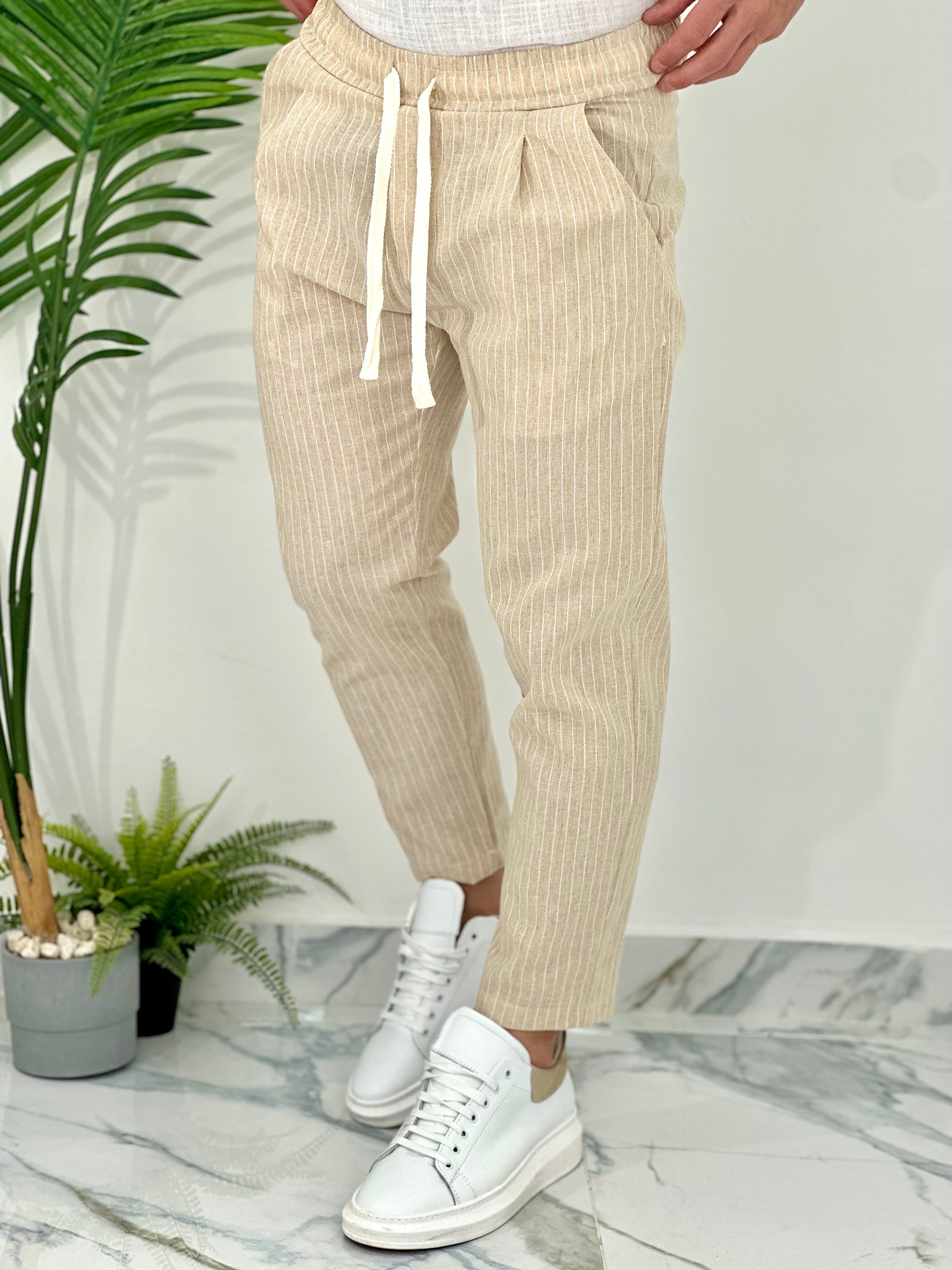 PANTALONE IN COTONE FRESCO RIGATO AD24 COL.SABBIA