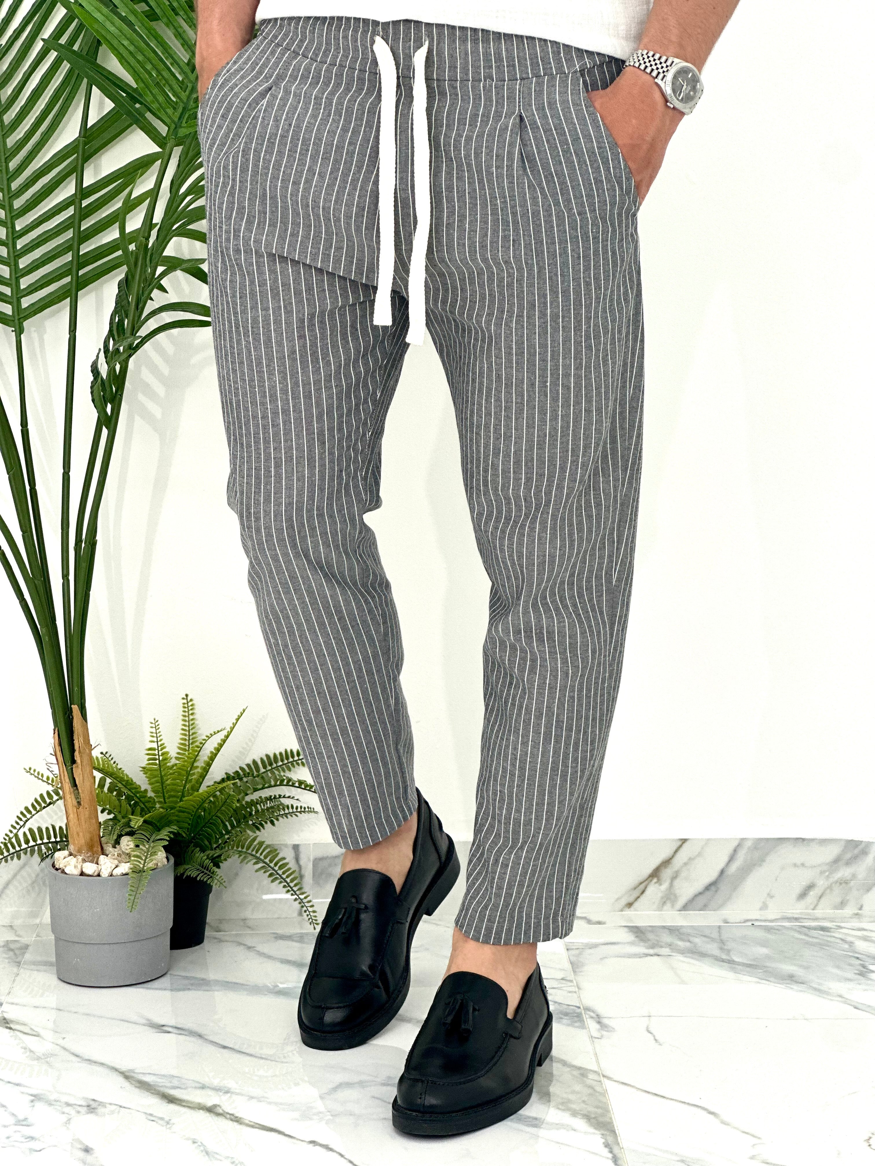 PANTALONE IN COTONE FRESCO RIGATO AD24 COL.NERO