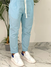 PANTALONE IN COTONE FRESCO RIGATO AD24 COL.CELESTE