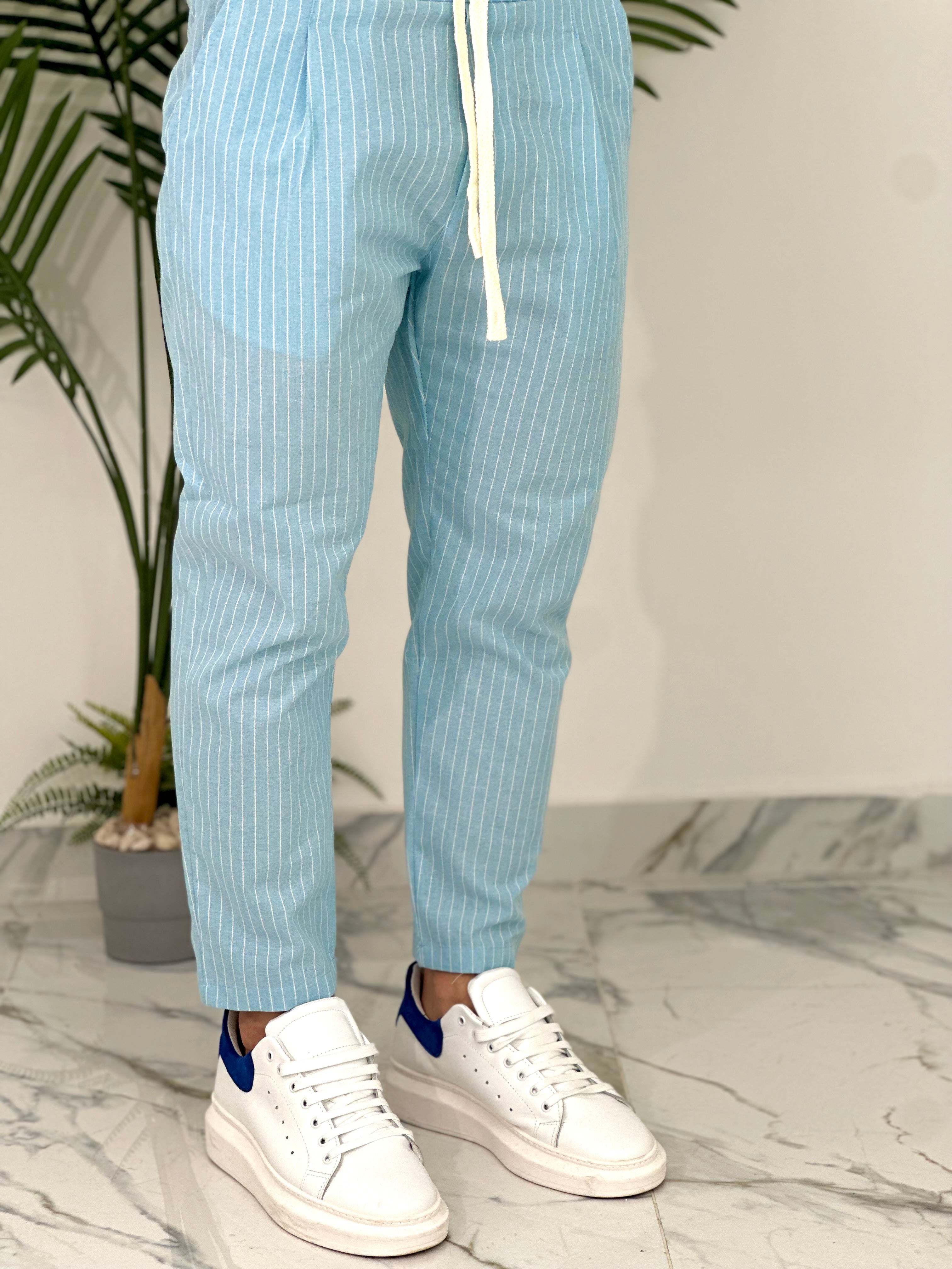 PANTALONE IN COTONE FRESCO RIGATO AD24 COL.CELESTE