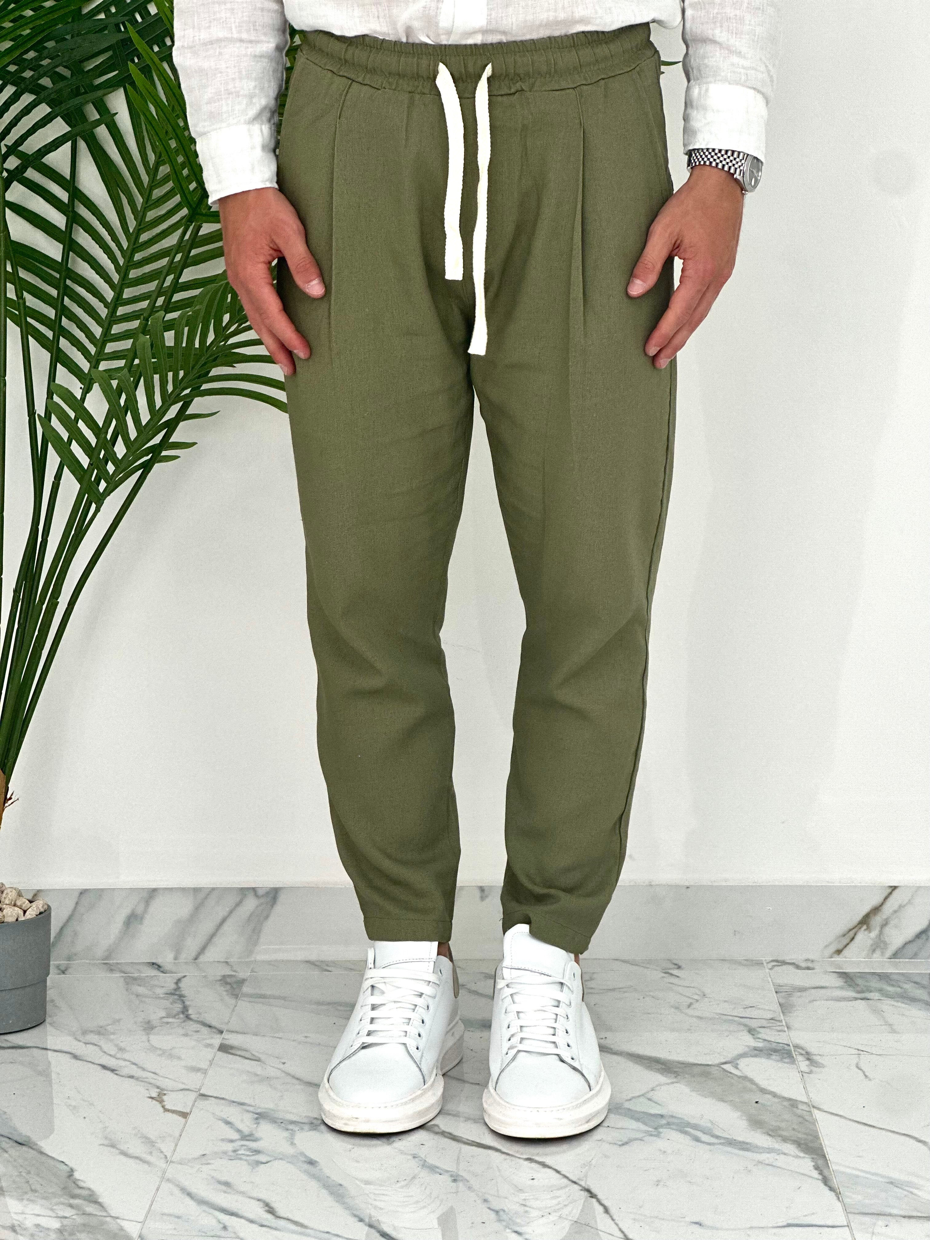 PANTALONI IN LINO PU2126 COL.VERDE MILITARE
