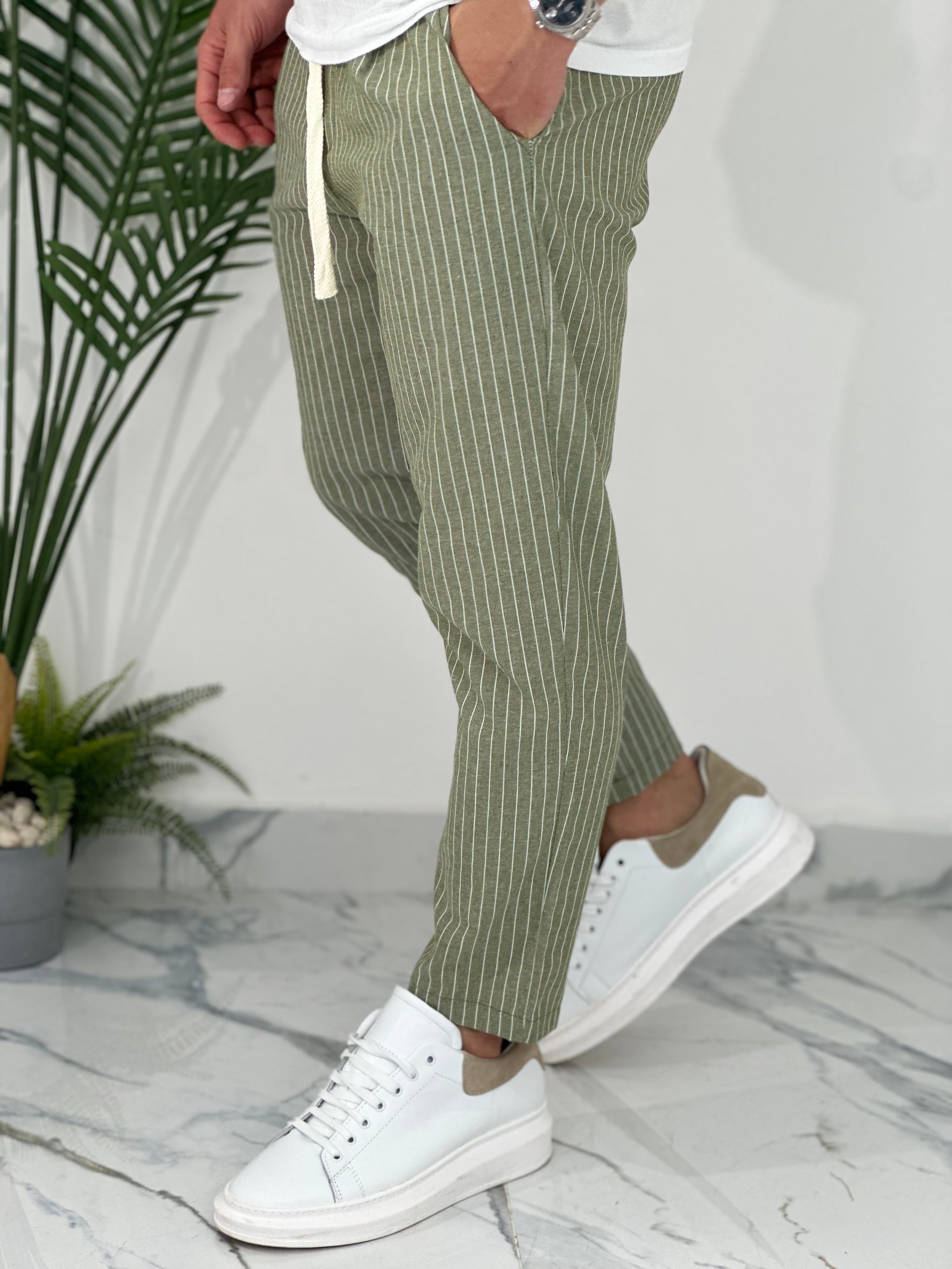 PANTALONE IN COTONE FRESCO RIGATO AD24 COL.VERDE