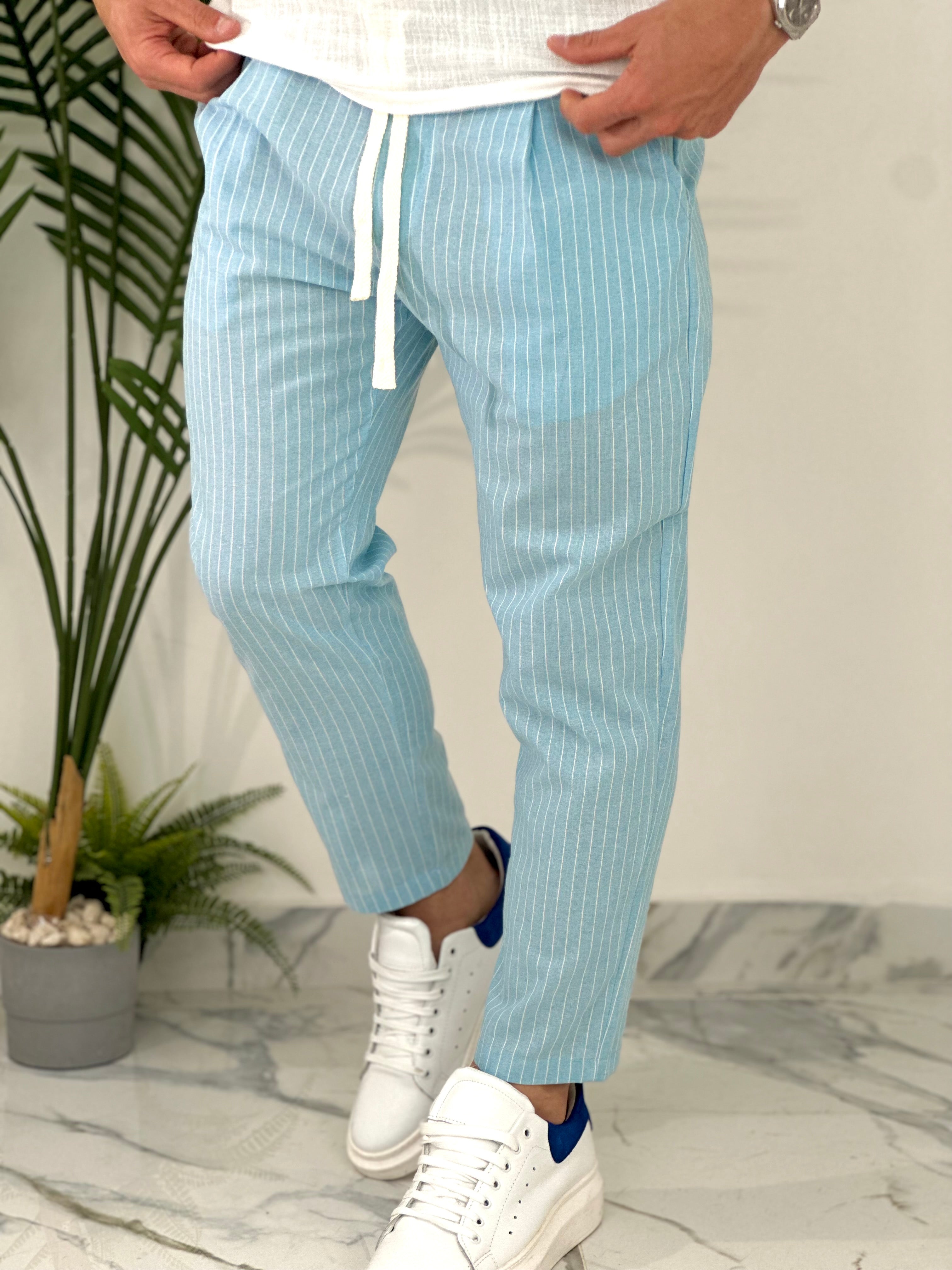 PANTALONE IN COTONE FRESCO RIGATO AD24 COL.CELESTE