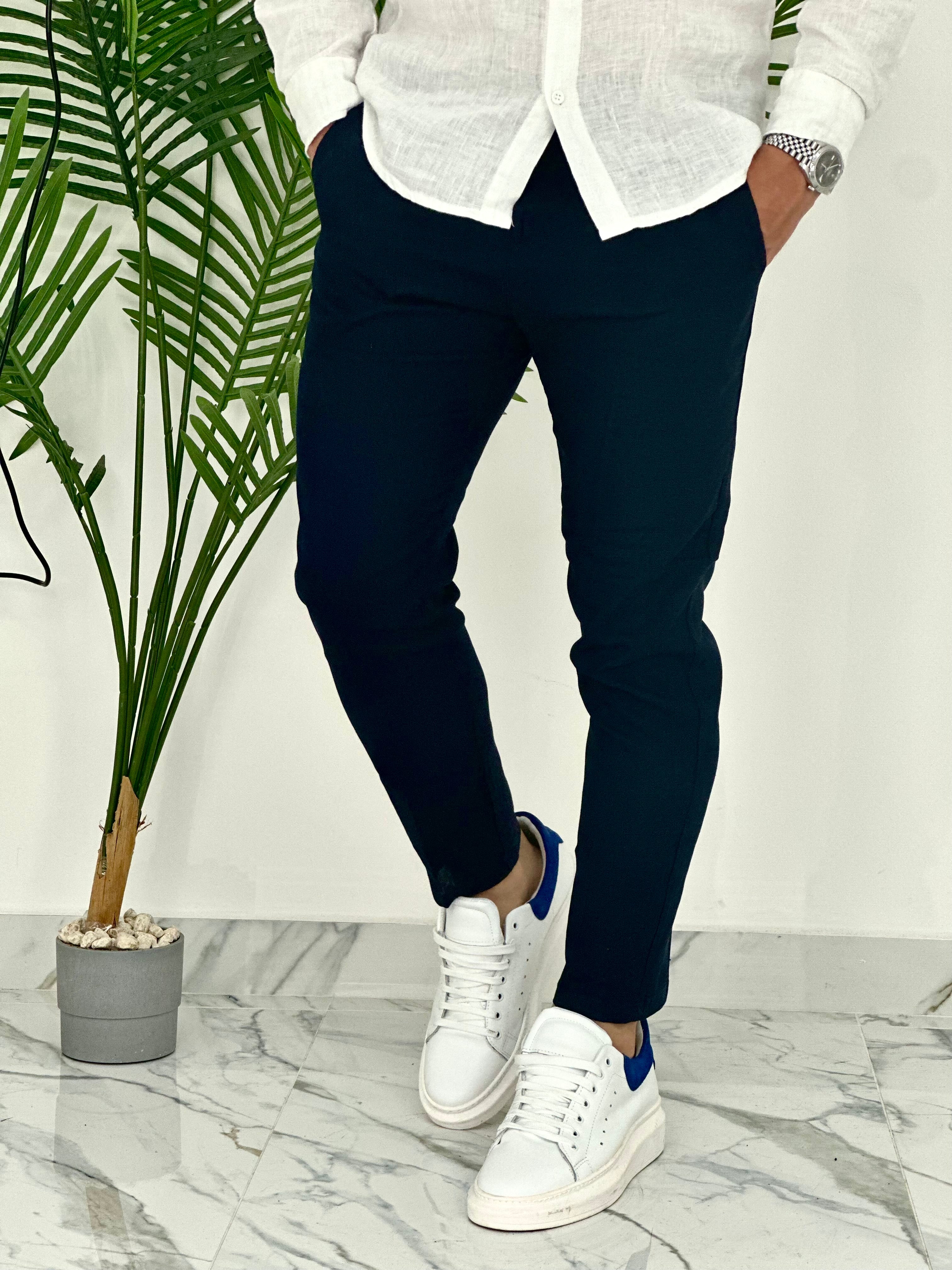 PANTALONI IN LINO PU2124 COL.BLU SCURO