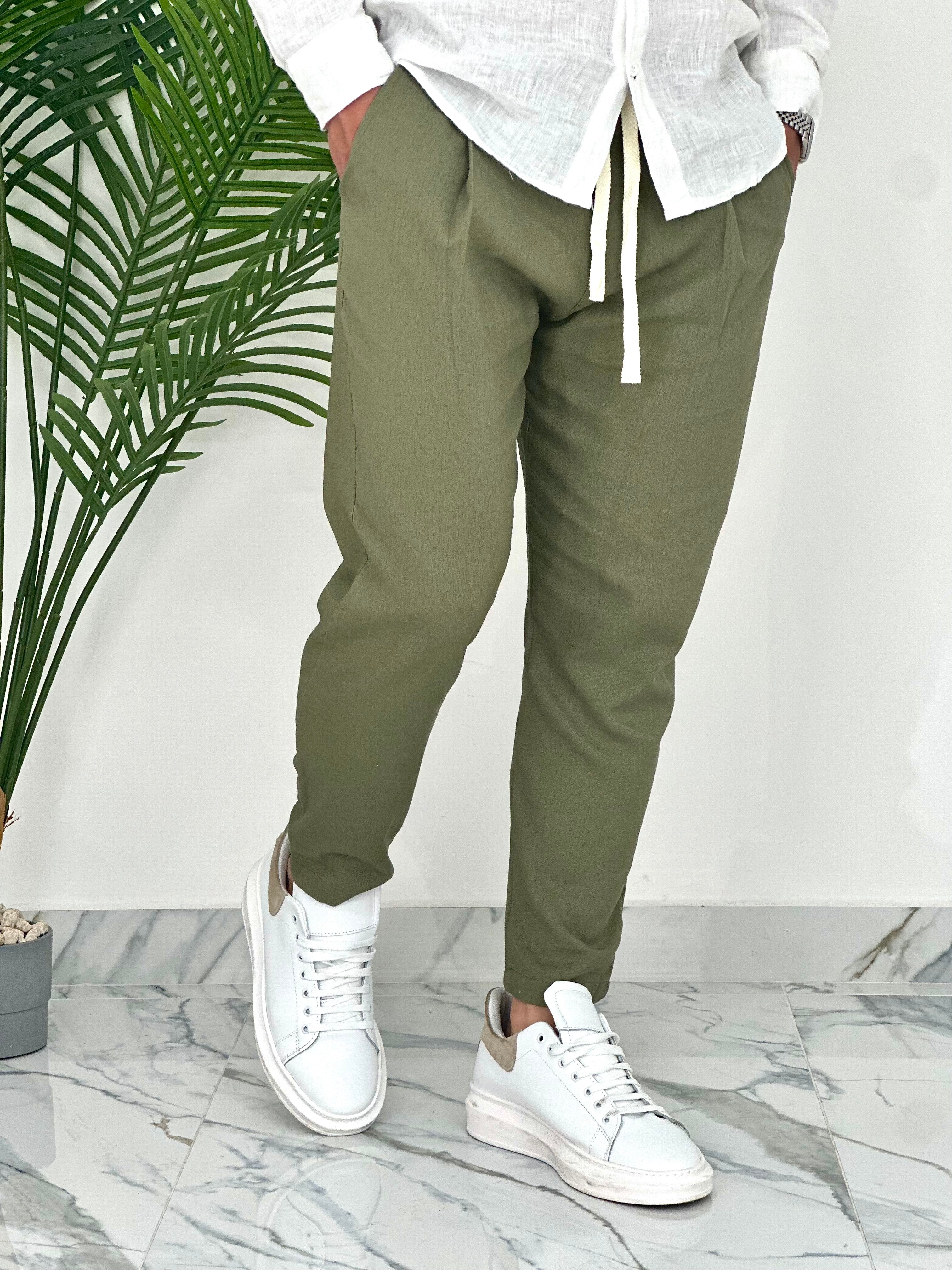 PANTALONI IN LINO PU2126 COL.VERDE MILITARE