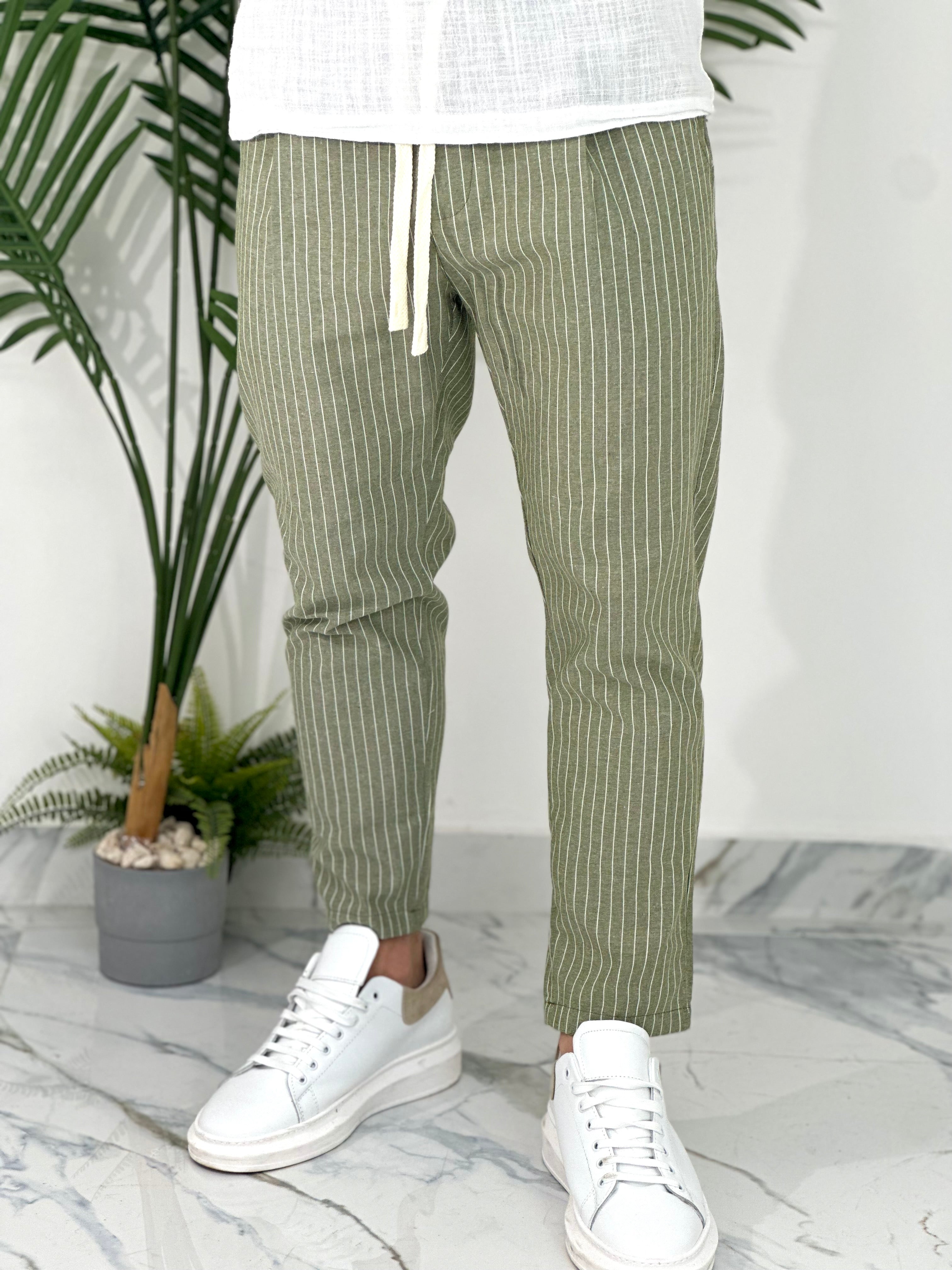 PANTALONE IN COTONE FRESCO RIGATO AD24 COL.VERDE
