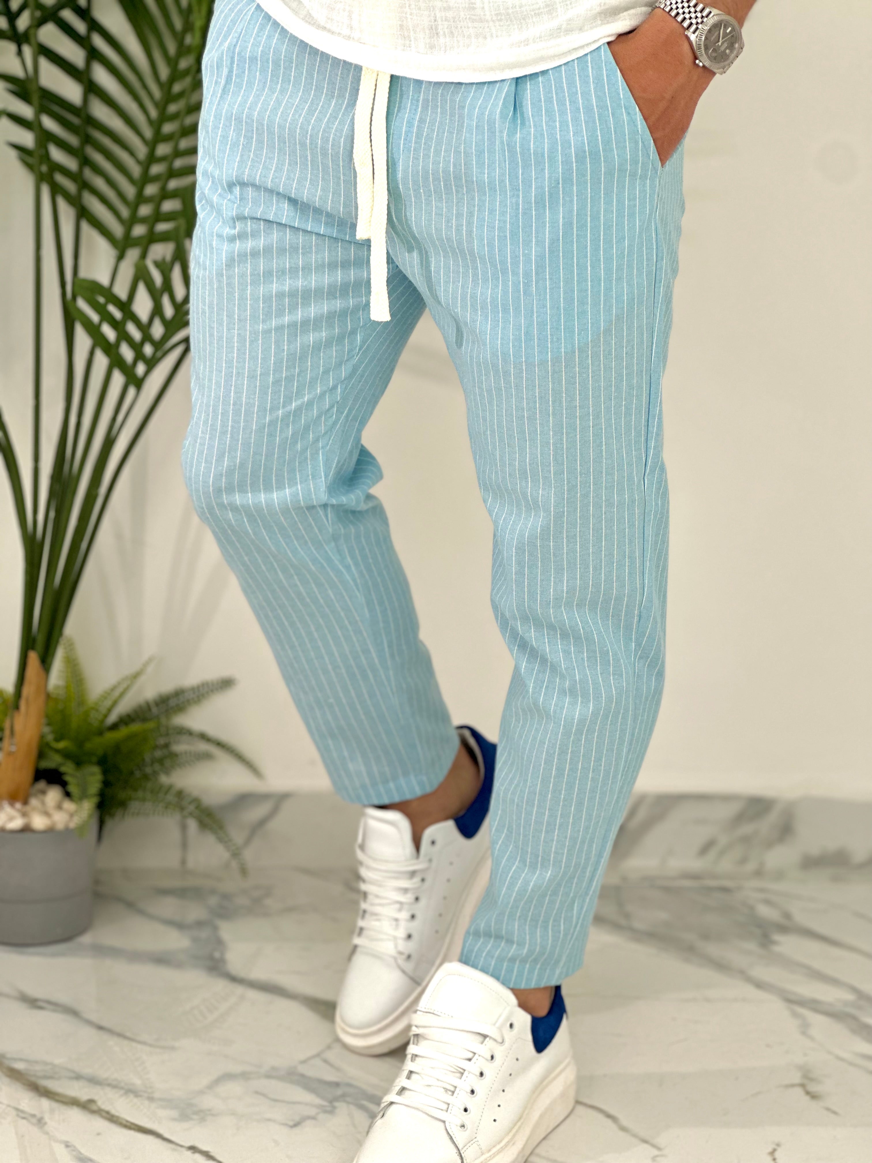 PANTALONE IN COTONE FRESCO RIGATO AD24 COL.CELESTE