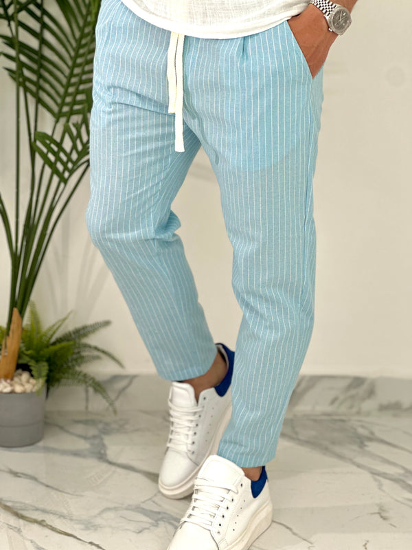 PANTALONE IN COTONE FRESCO RIGATO COL.CELESTE