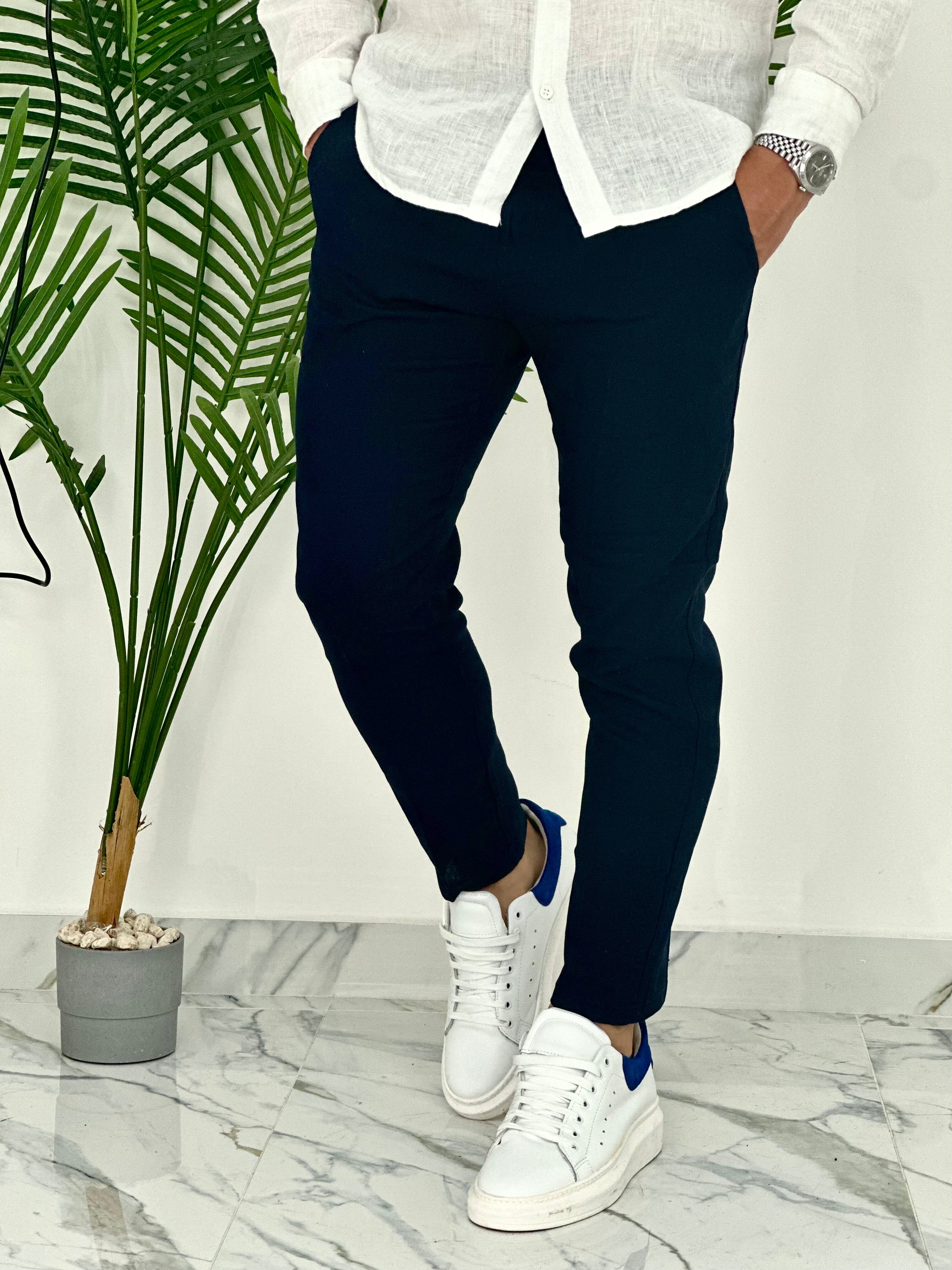 PANTALONI IN LINO PU2124 COL.BLU SCURO