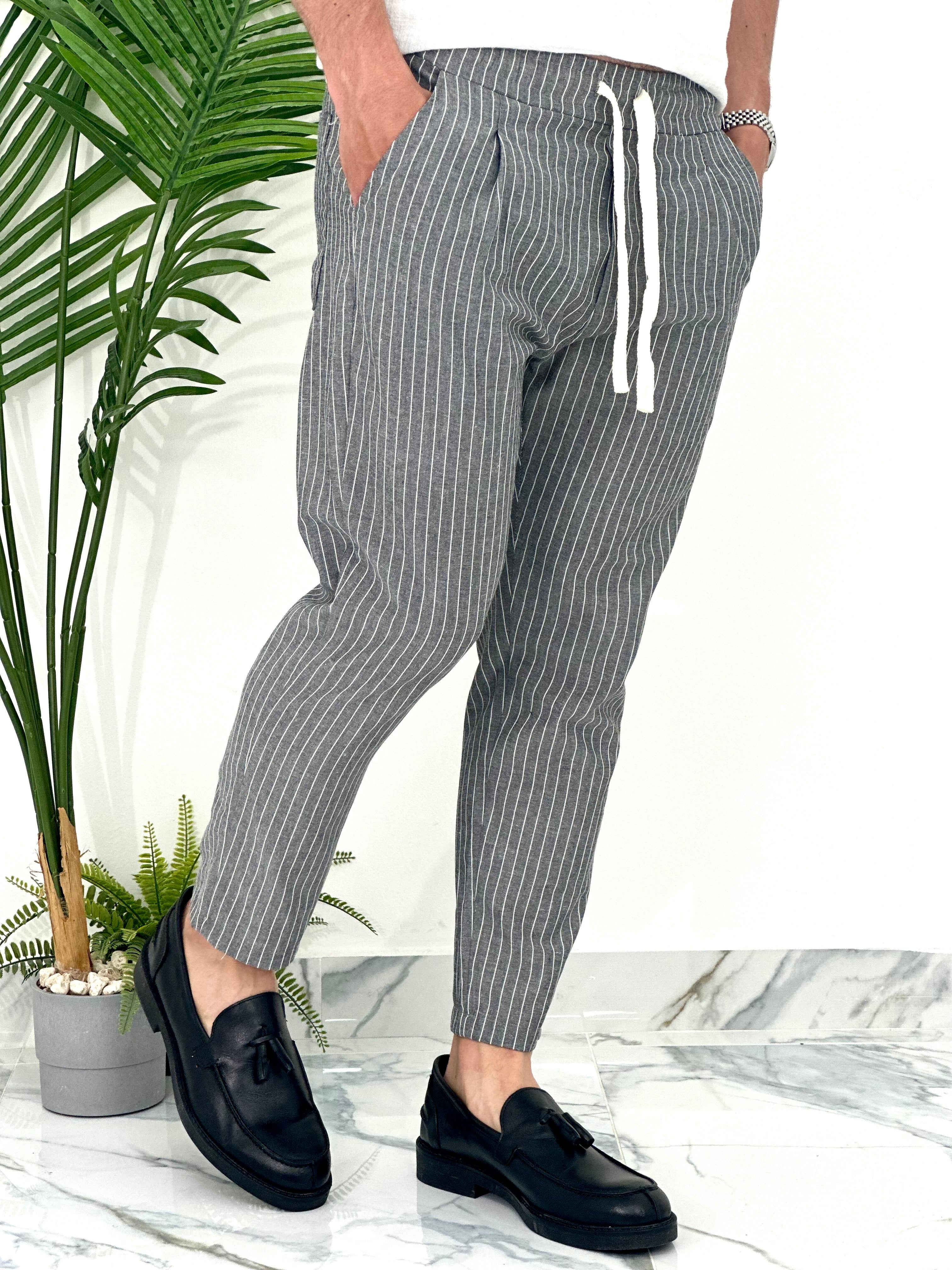 PANTALONE IN COTONE FRESCO RIGATO AD24 COL.NERO