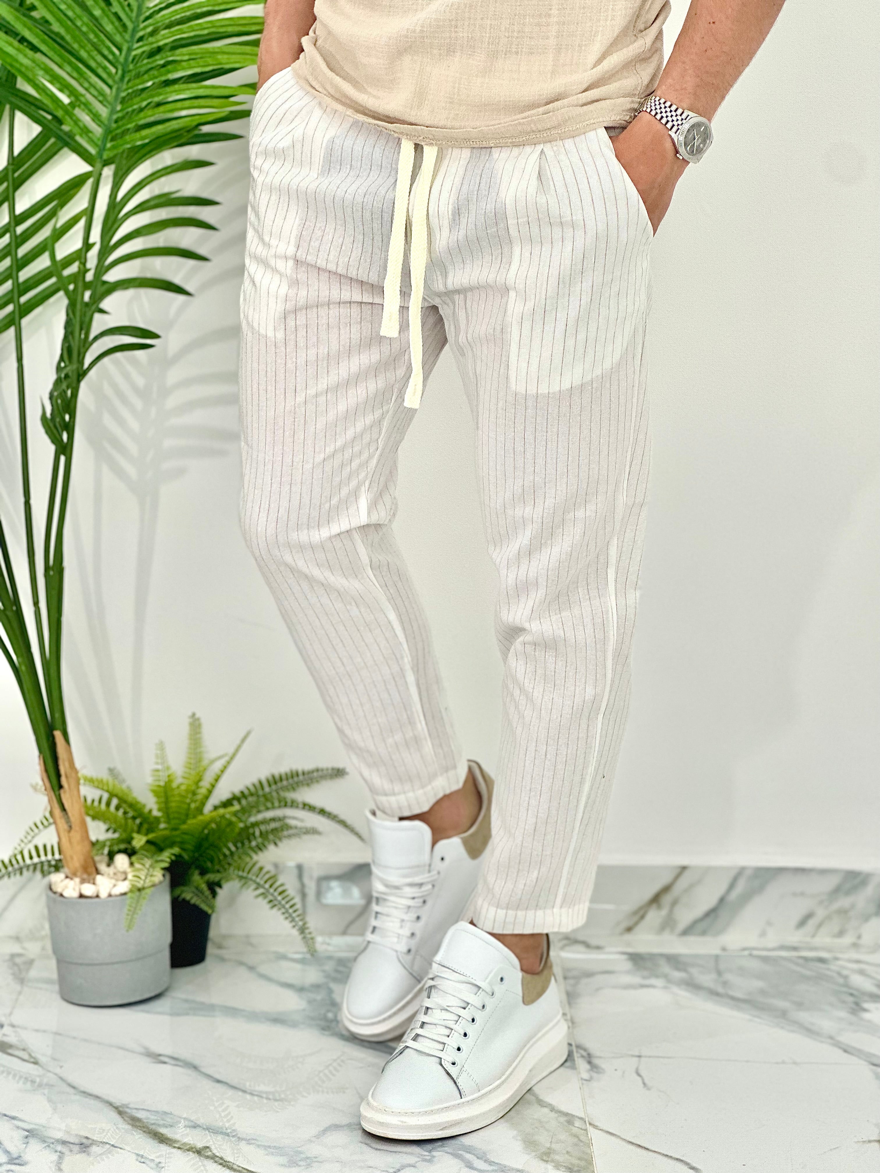 PANTALONE IN COTONE FRESCO RIGATO AD24 COL.BIANCO