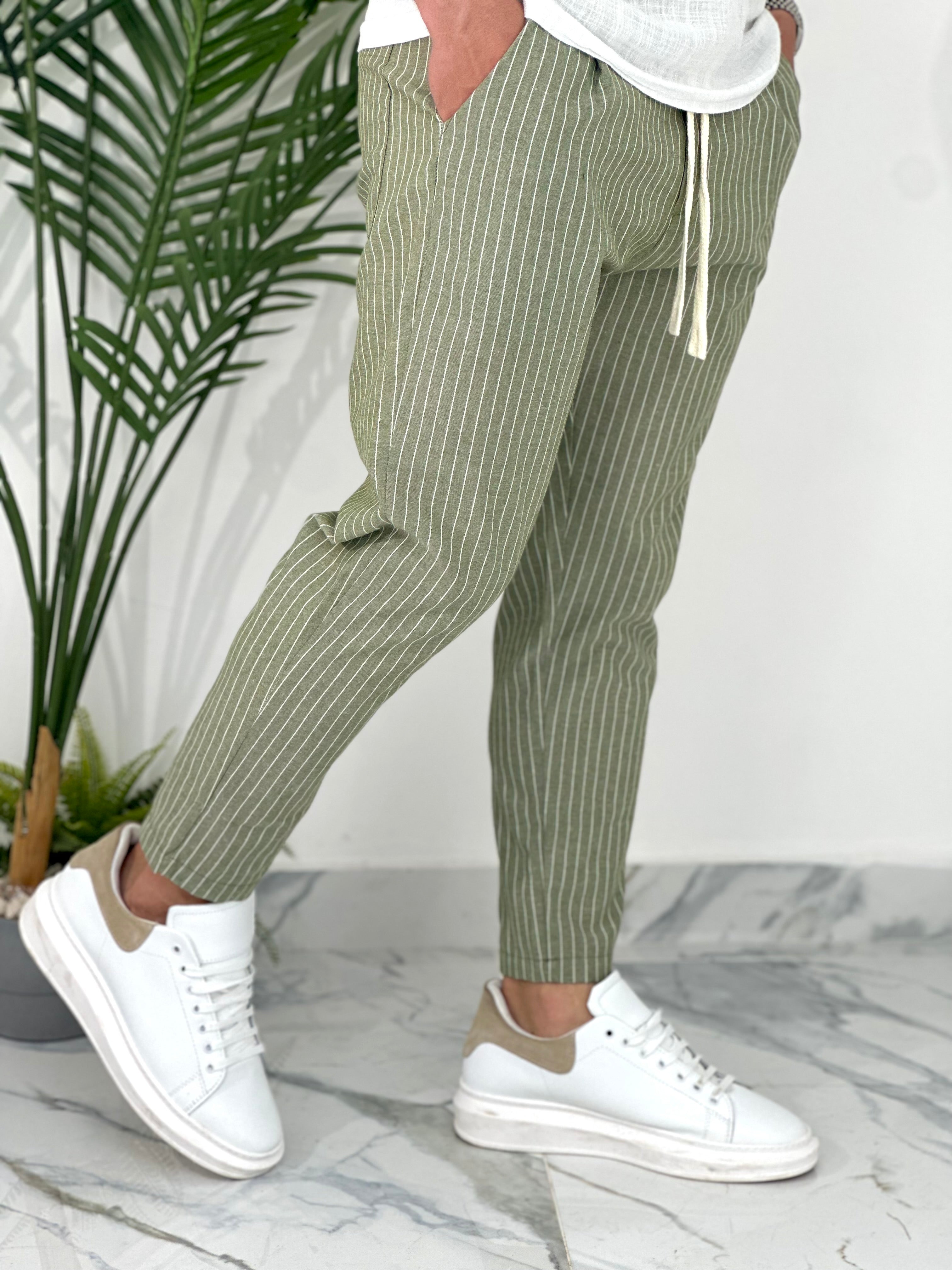 PANTALONE IN COTONE FRESCO RIGATO AD24 COL.VERDE