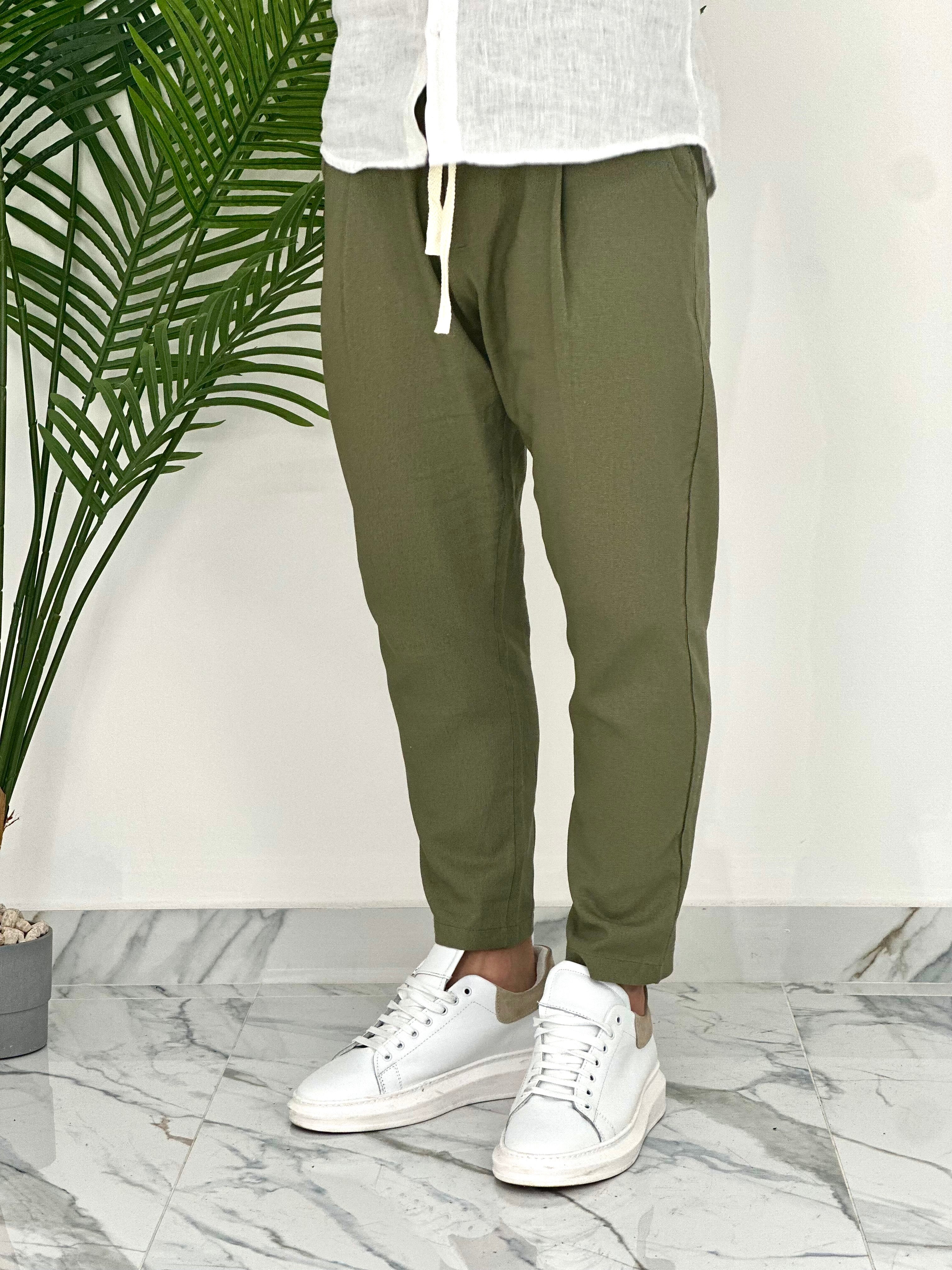 PANTALONI IN LINO PU2126 COL.VERDE MILITARE