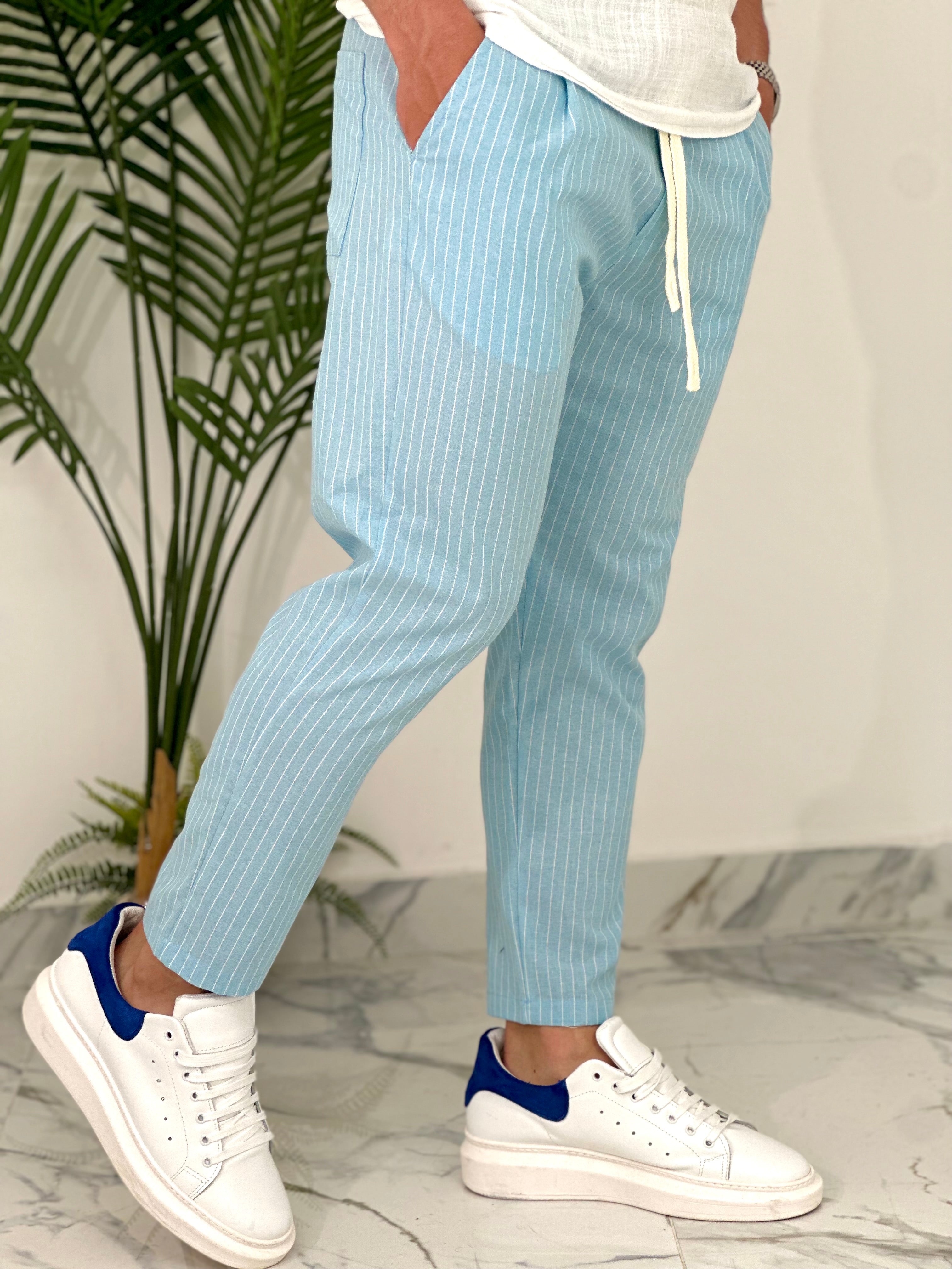 PANTALONE IN COTONE FRESCO RIGATO AD24 COL.CELESTE