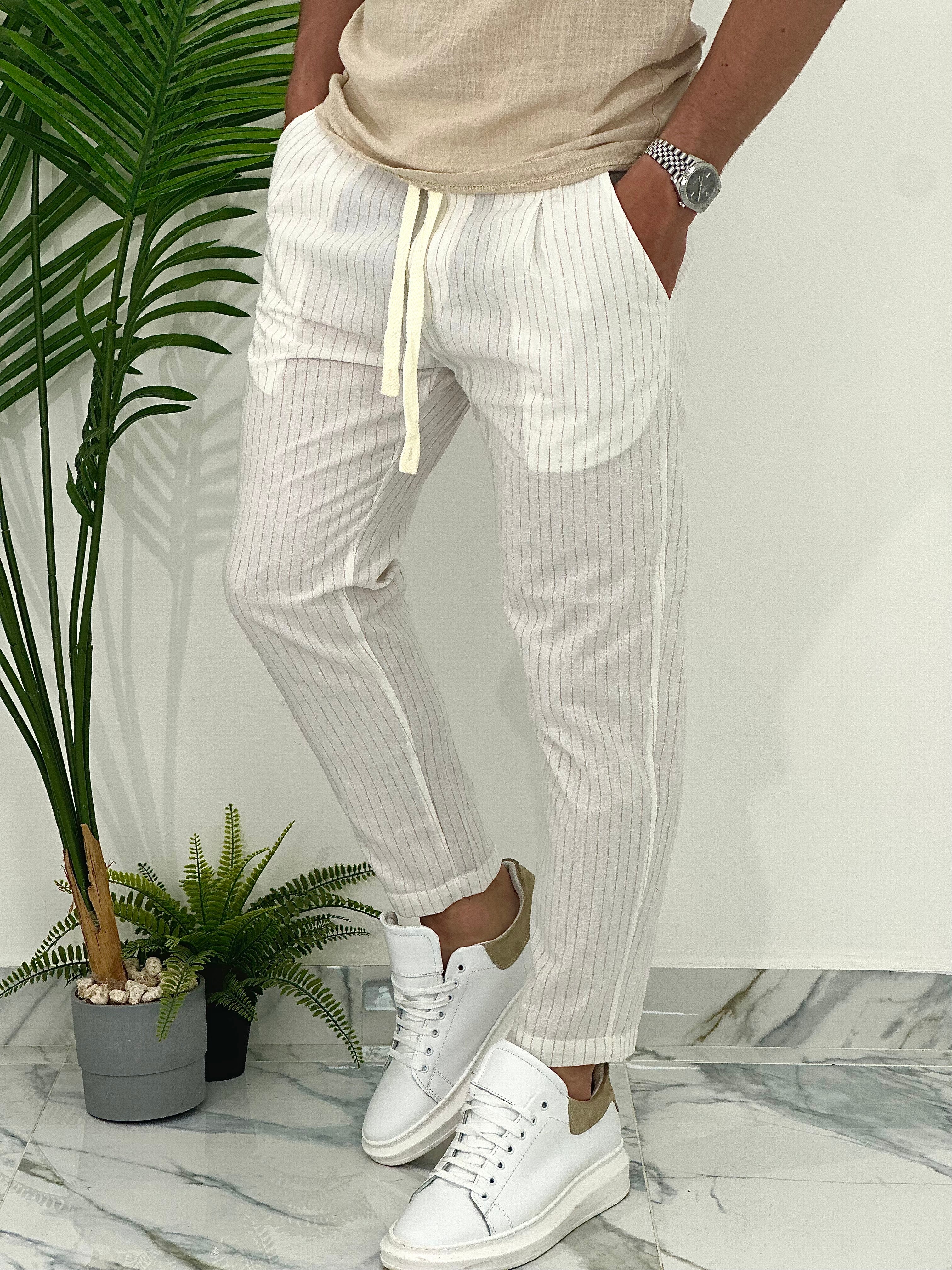 PANTALONE IN COTONE FRESCO RIGATO AD24 COL.BIANCO
