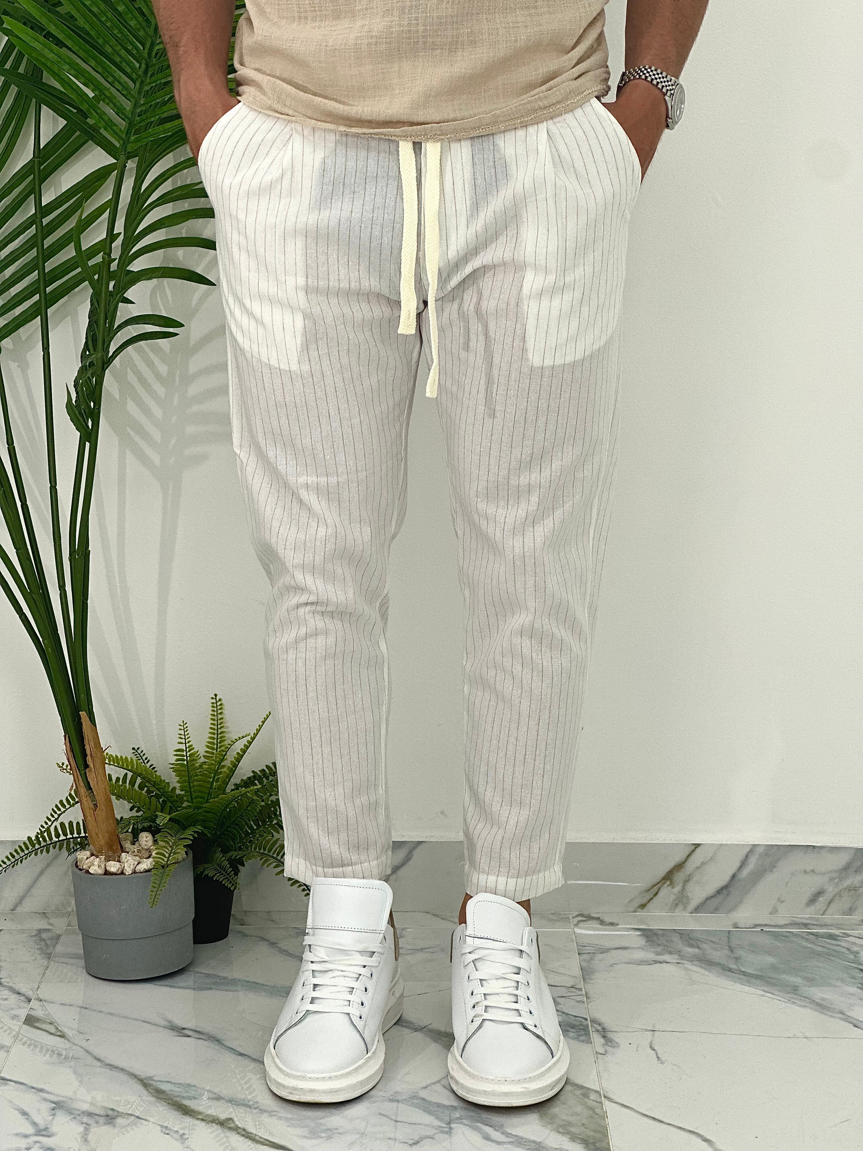 PANTALONE IN COTONE FRESCO RIGATO AD24 COL.BIANCO