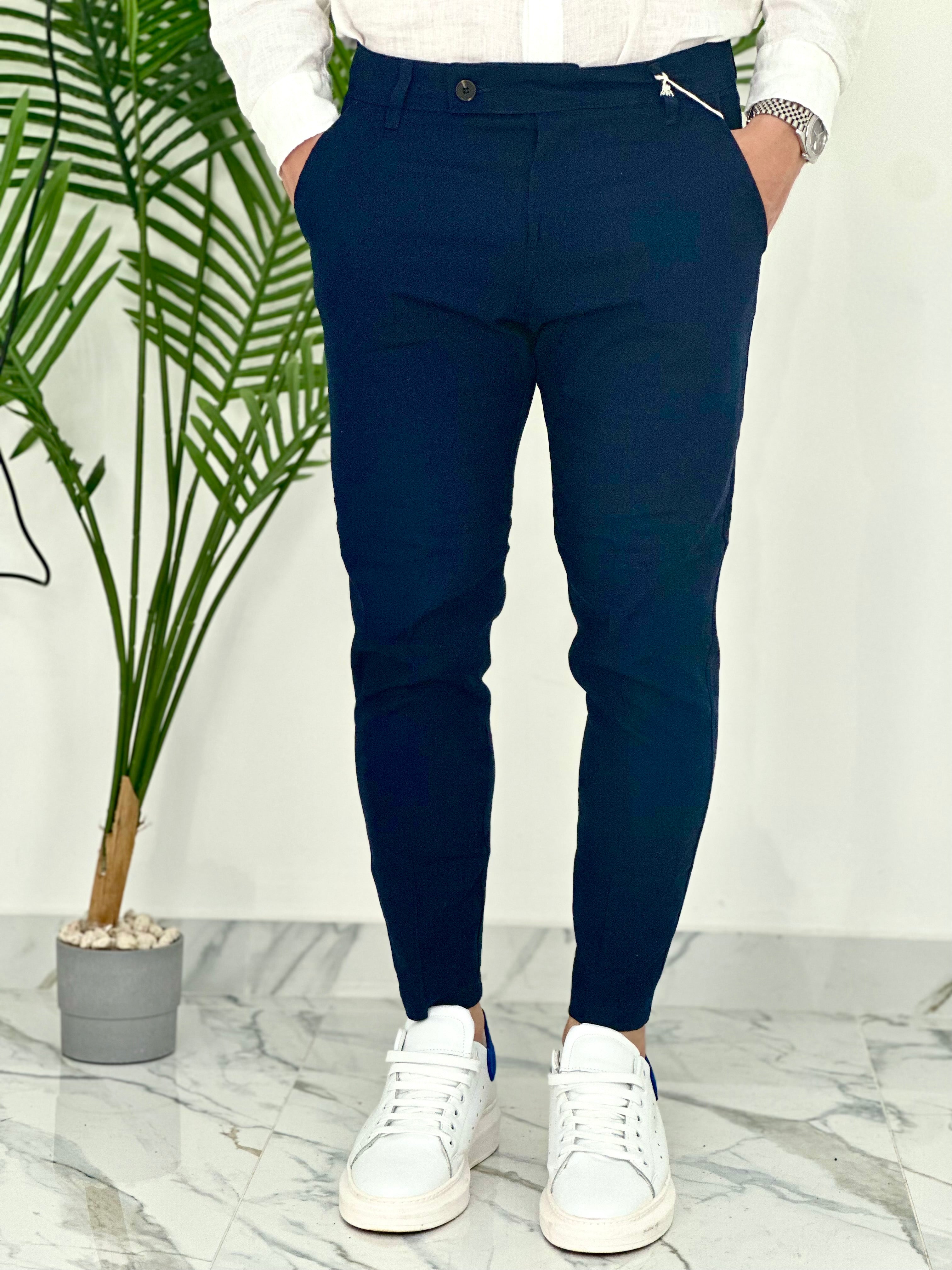 PANTALONI IN LINO PU2124 COL.BLU SCURO