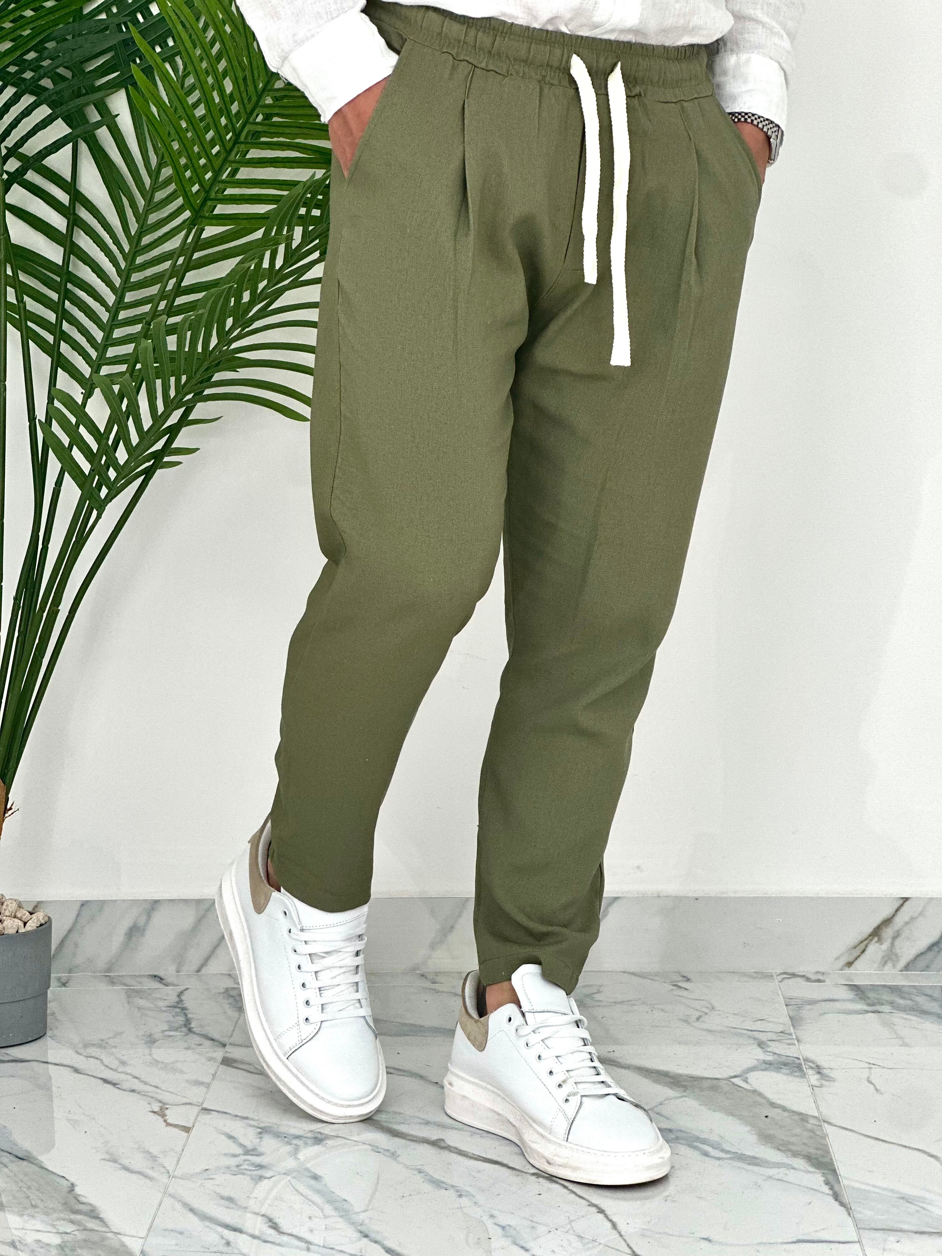 PANTALONI IN LINO PU2126 COL.VERDE MILITARE