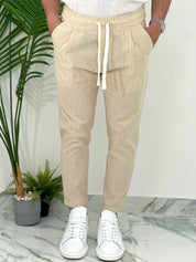 PANTALONE IN COTONE FRESCO RIGATO AD24 COL.SABBIA
