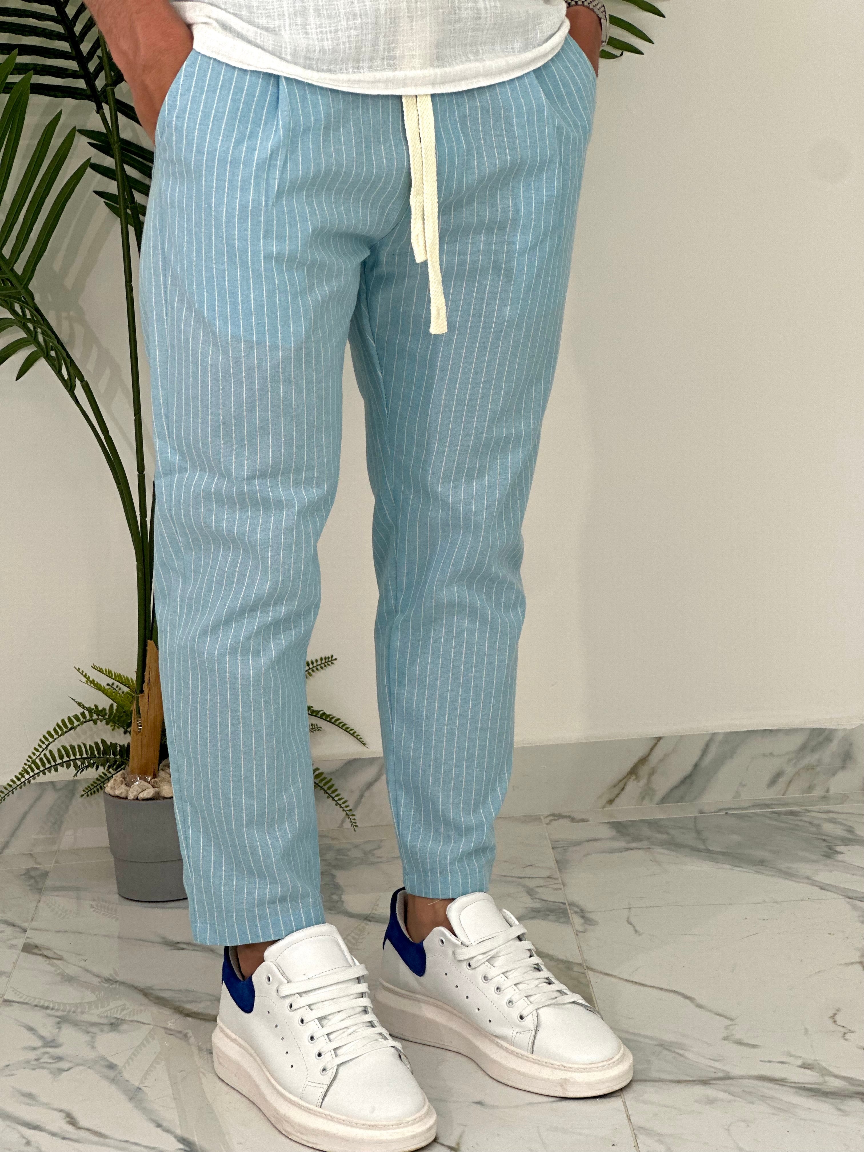 PANTALONE IN COTONE FRESCO RIGATO AD24 COL.CELESTE