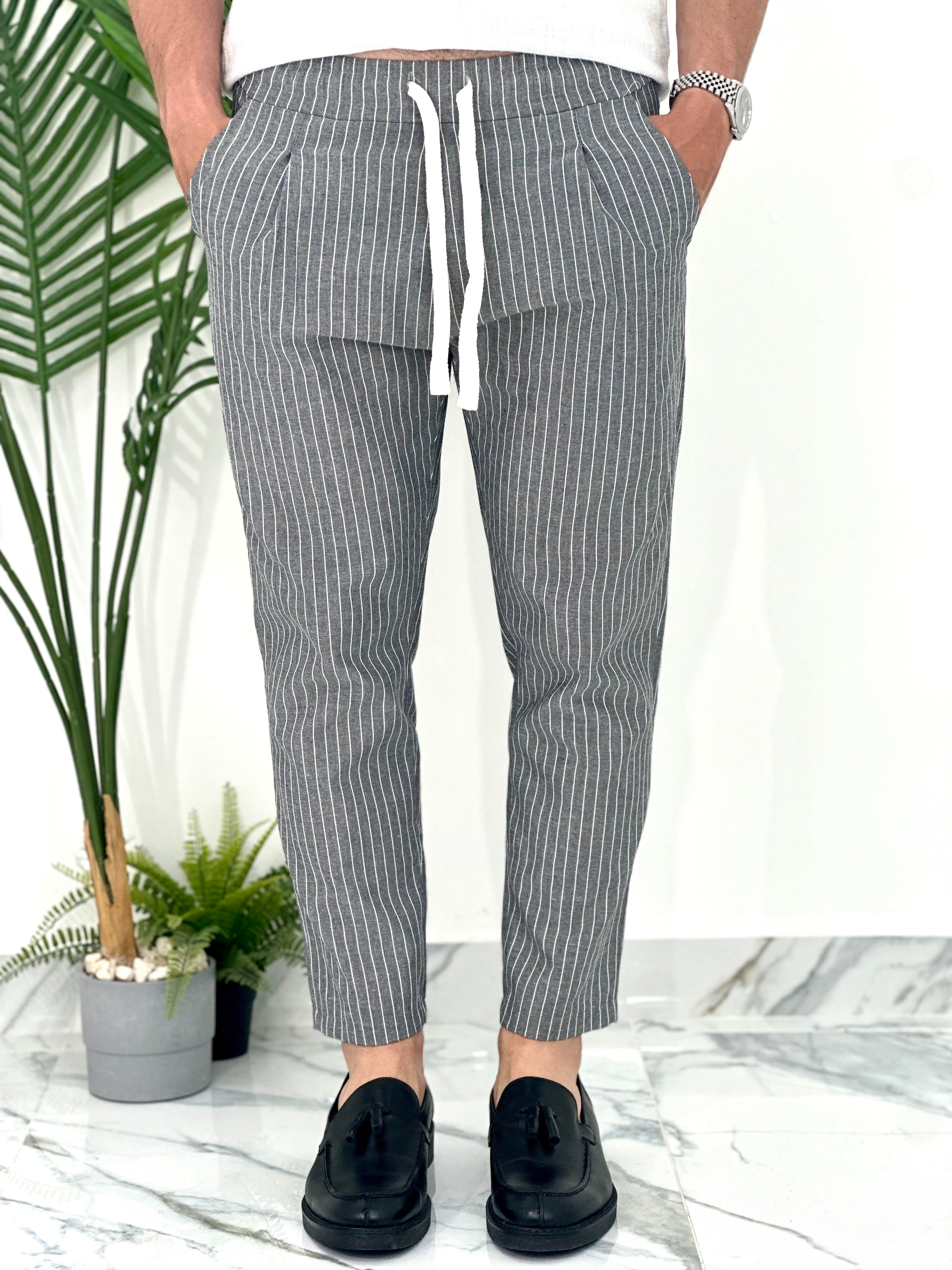 PANTALONE IN COTONE FRESCO RIGATO AD24 COL.NERO