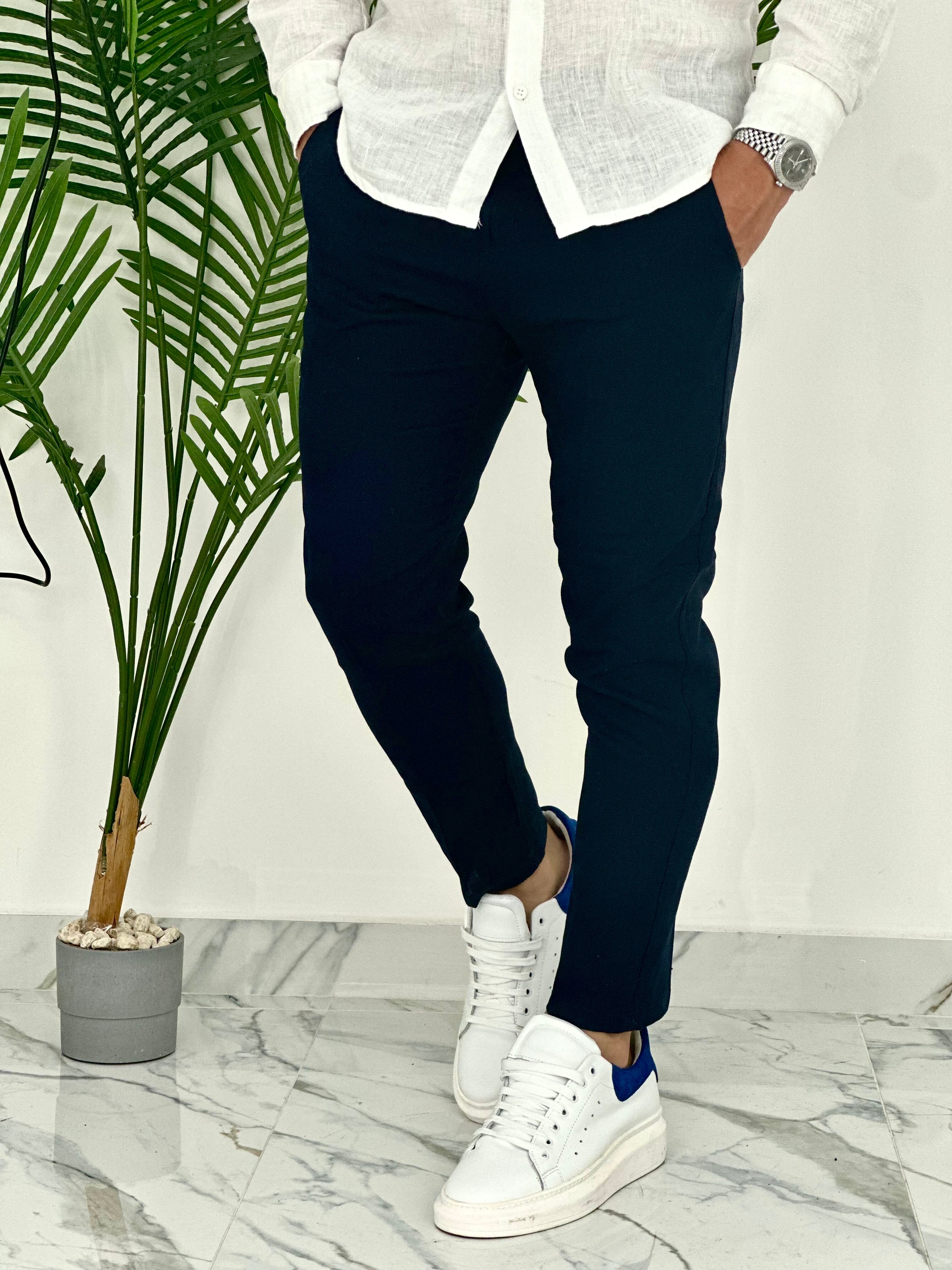 PANTALONI IN LINO PU2124 COL.BLU SCURO