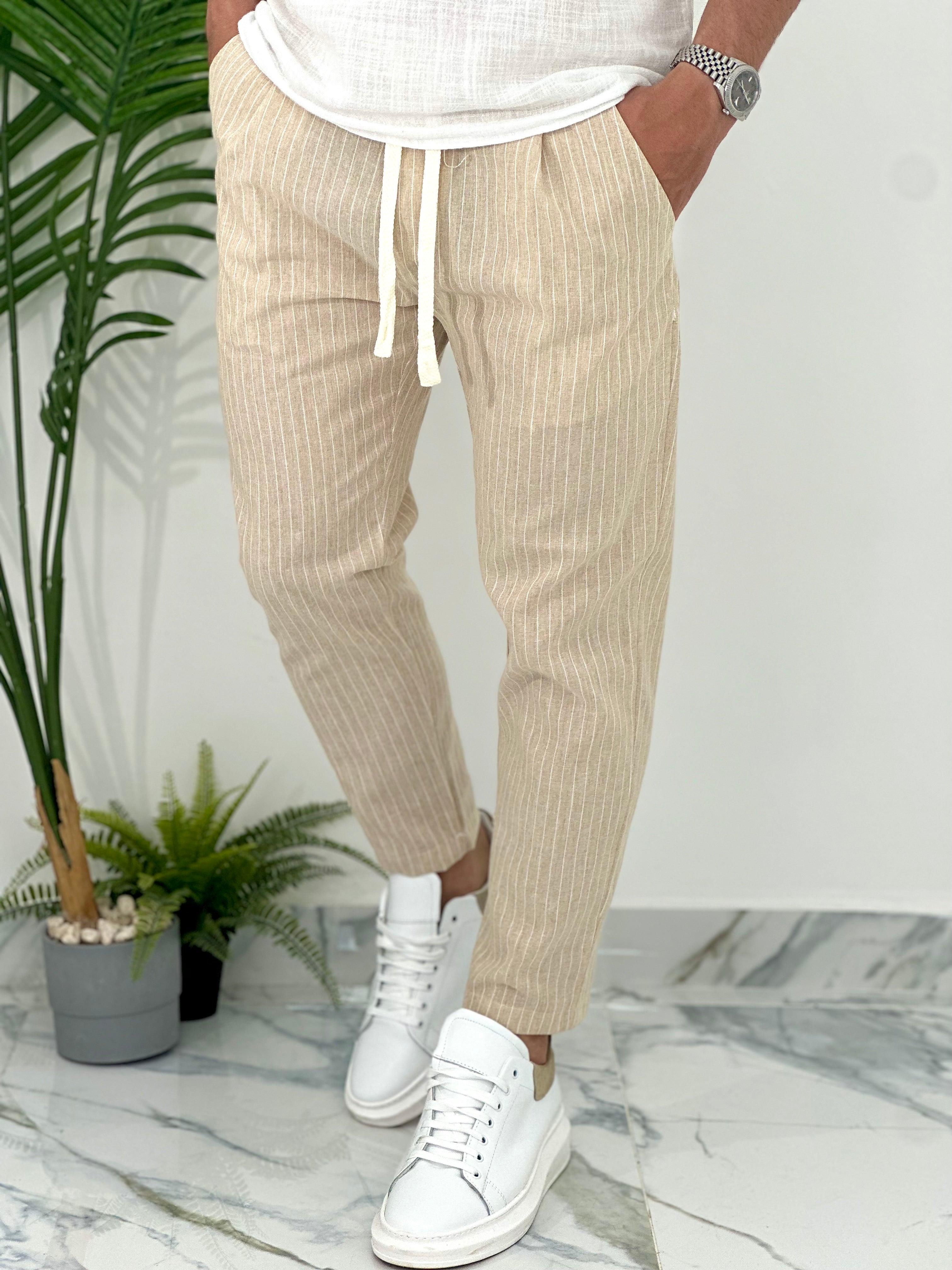 PANTALONE IN COTONE FRESCO RIGATO AD24 COL.SABBIA