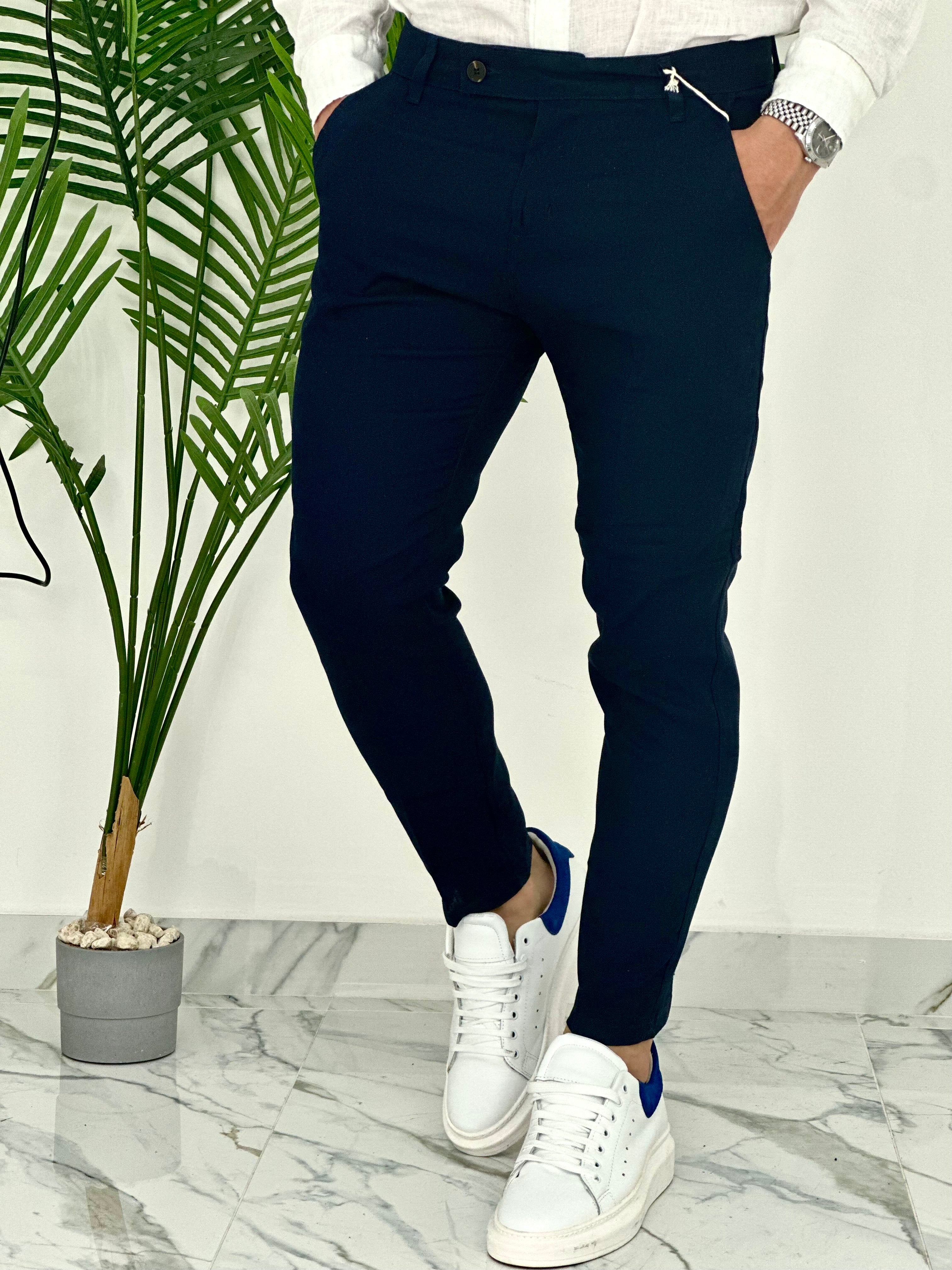 PANTALONI IN LINO PU2124 COL.BLU SCURO