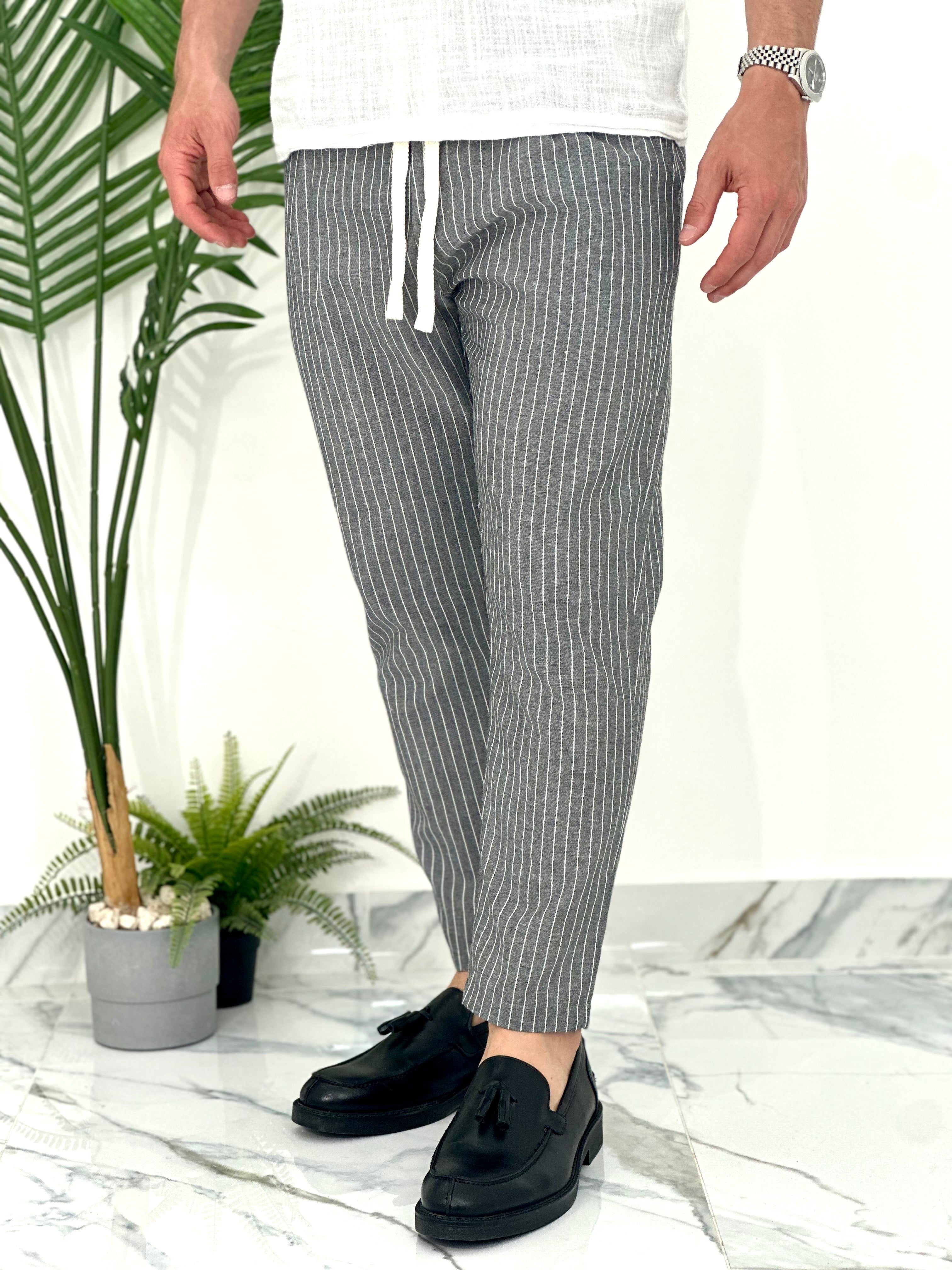 PANTALONE IN COTONE FRESCO RIGATO AD24 COL.NERO