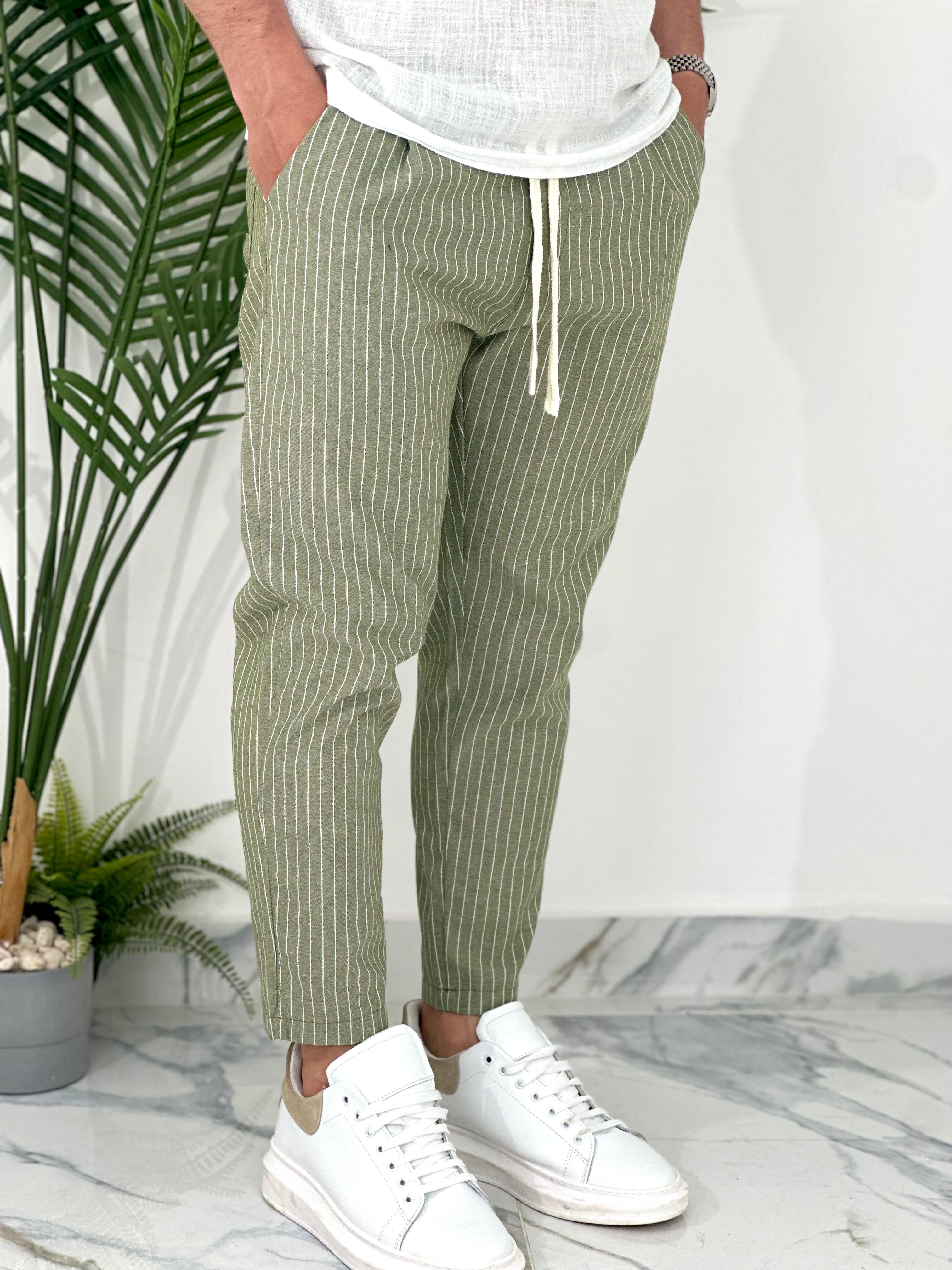 PANTALONE IN COTONE FRESCO RIGATO AD24 COL.VERDE