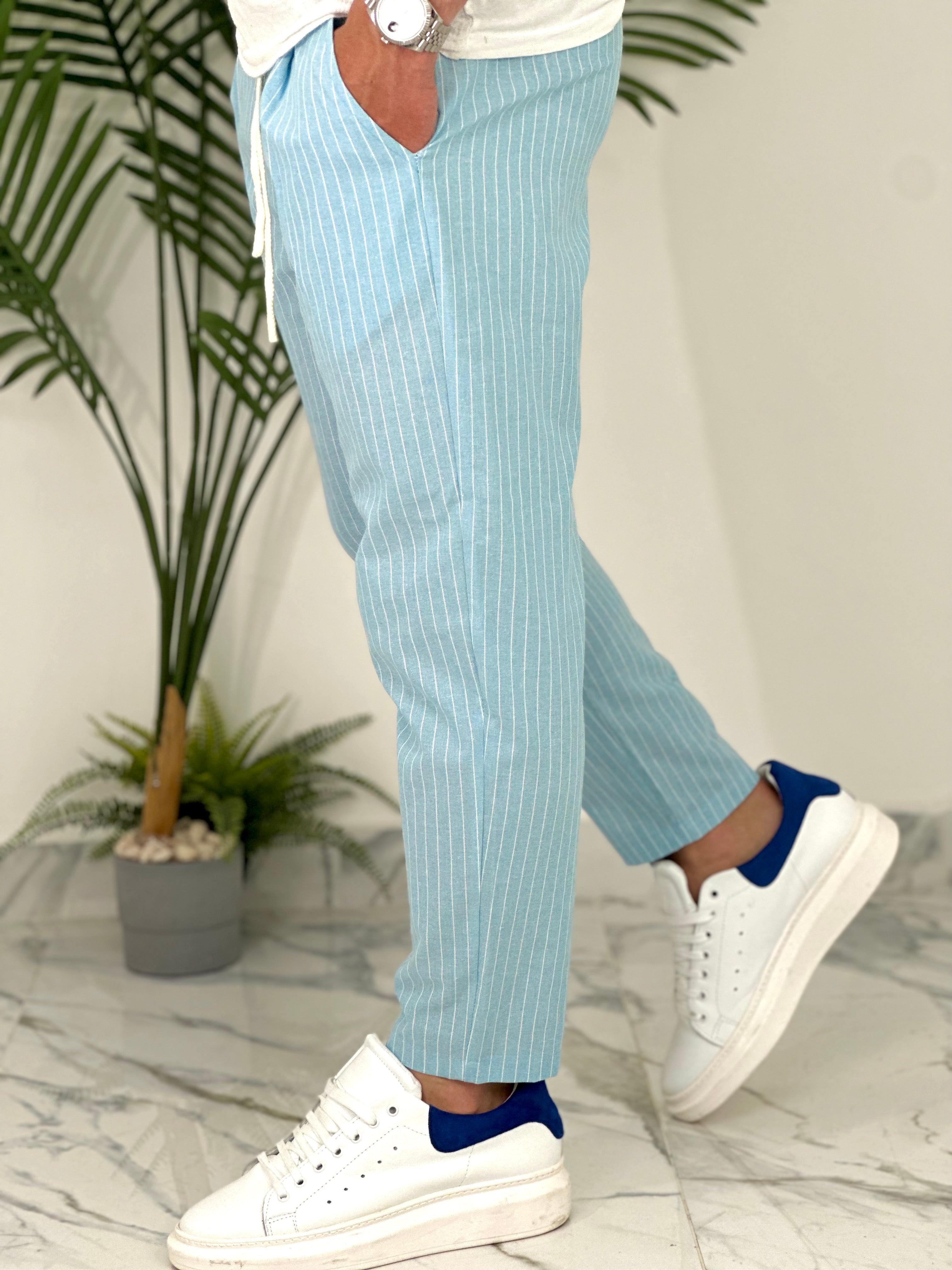 PANTALONE IN COTONE FRESCO RIGATO AD24 COL.CELESTE