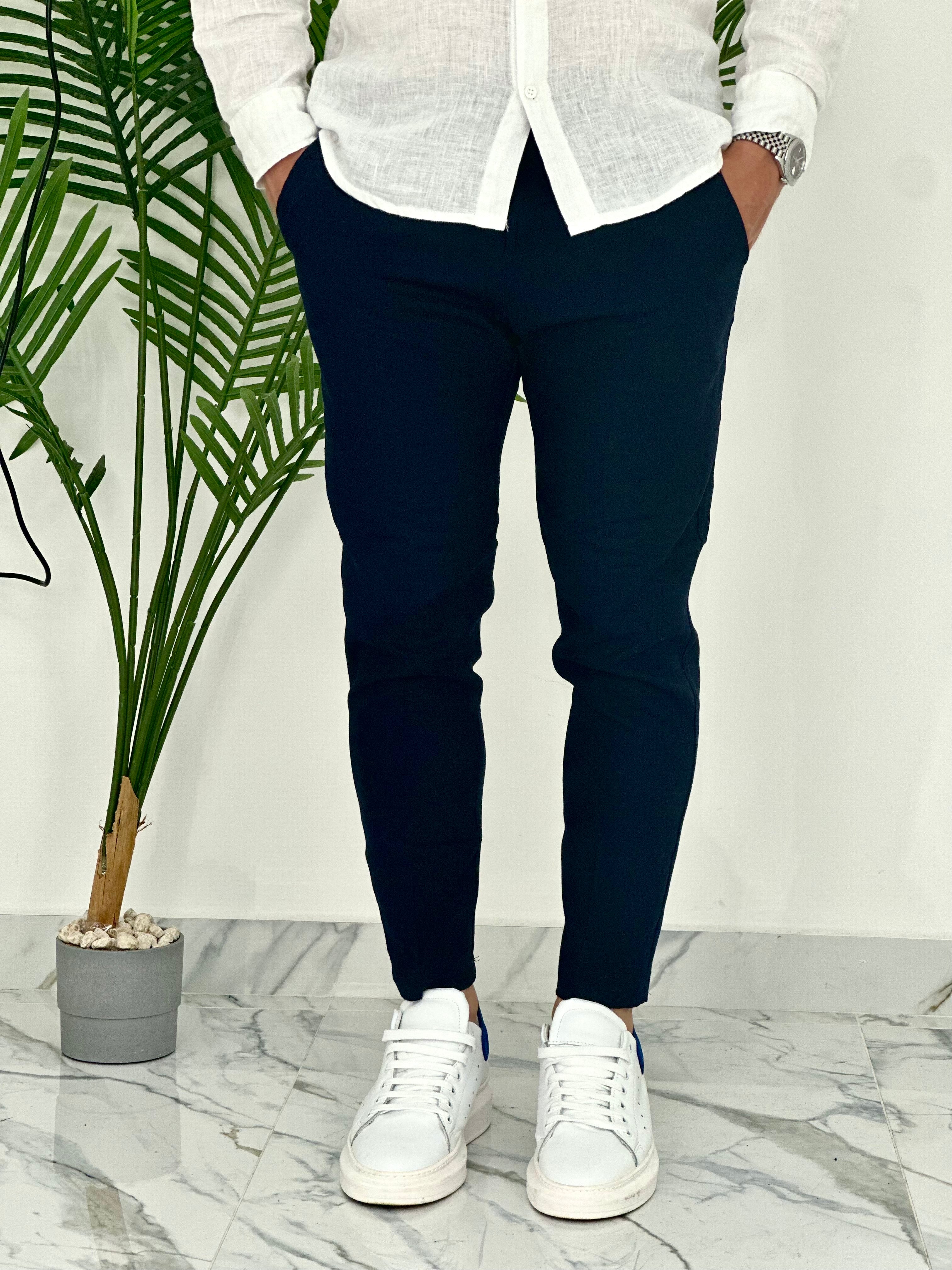 PANTALONI IN LINO PU2124 COL.BLU SCURO