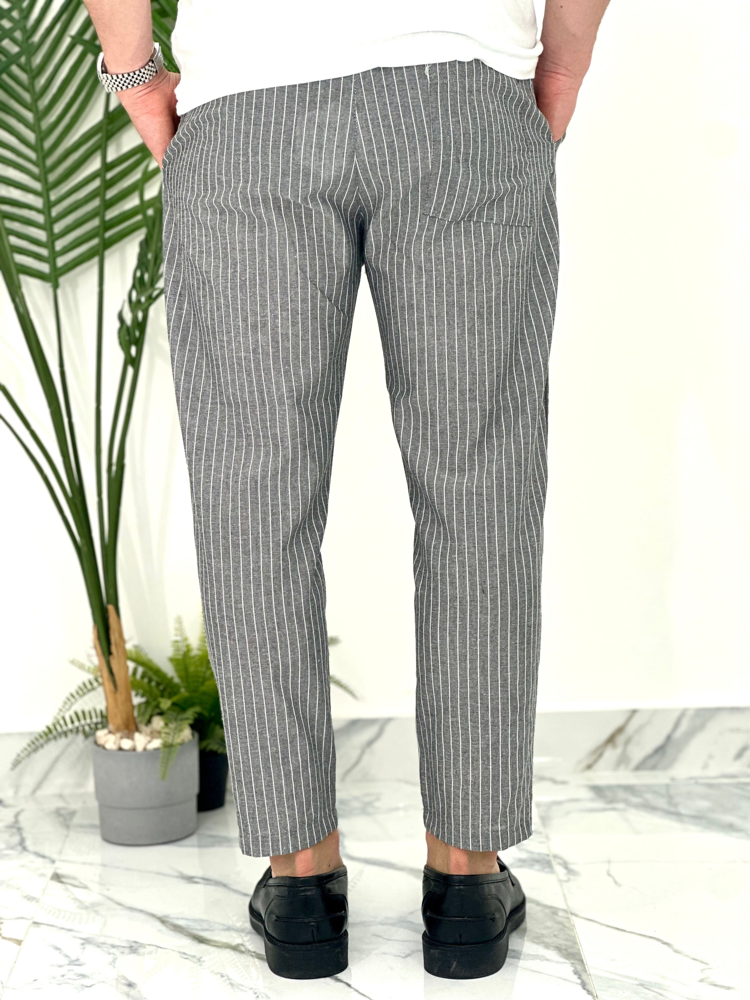 PANTALONE IN COTONE FRESCO RIGATO AD24 COL.NERO