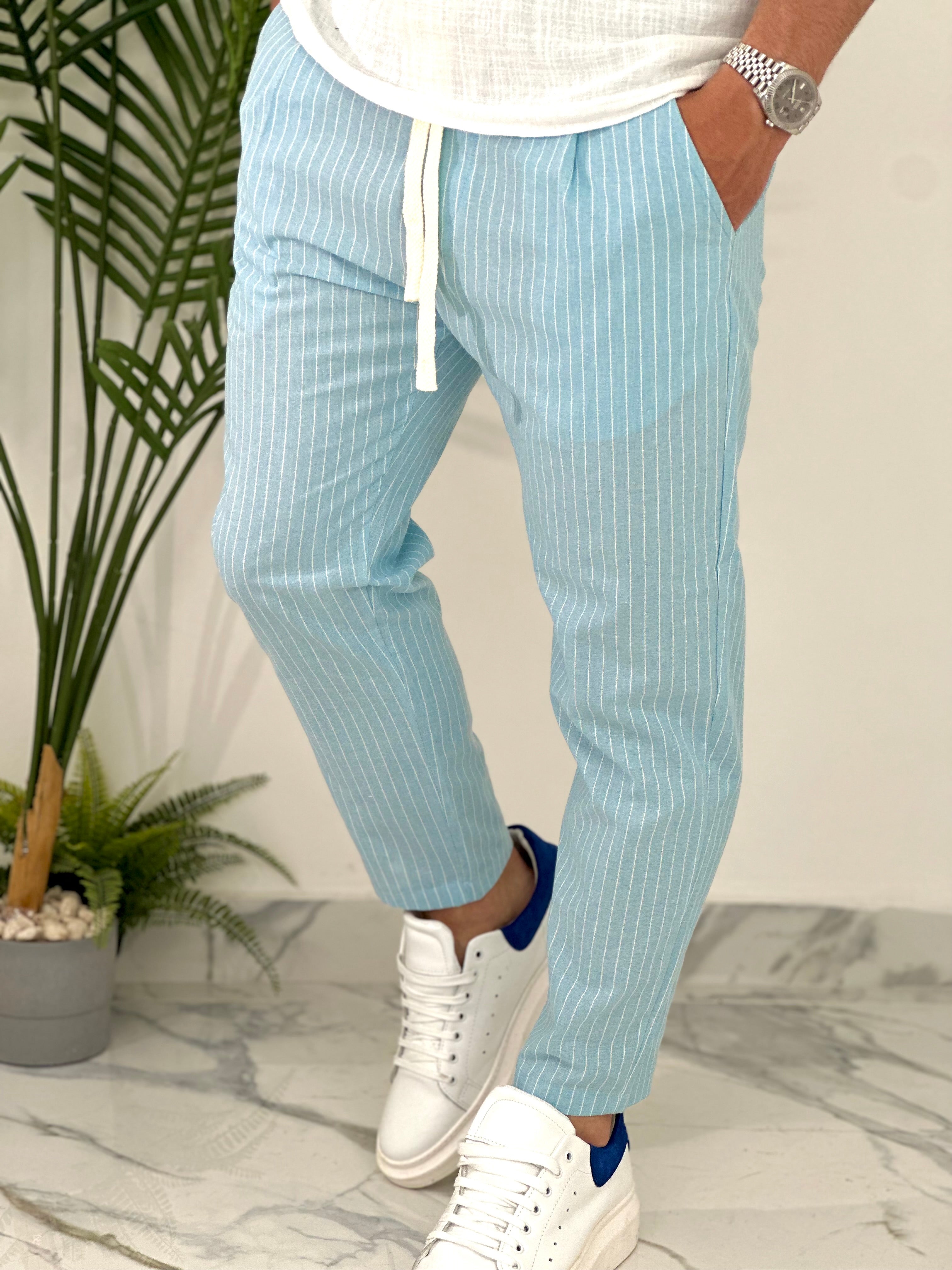 PANTALONE IN COTONE FRESCO RIGATO AD24 COL.CELESTE