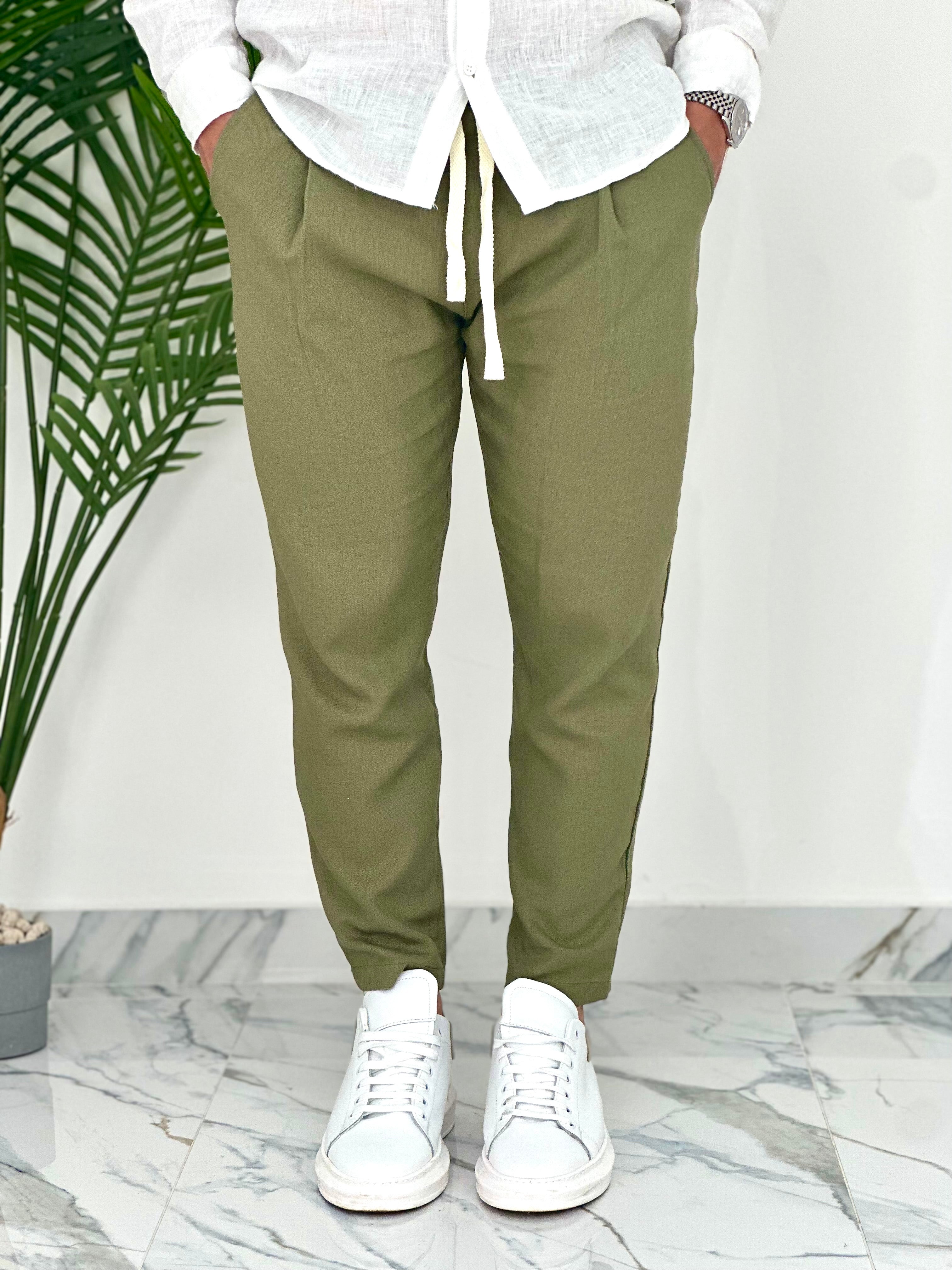 PANTALONI IN LINO PU2126 COL.VERDE MILITARE