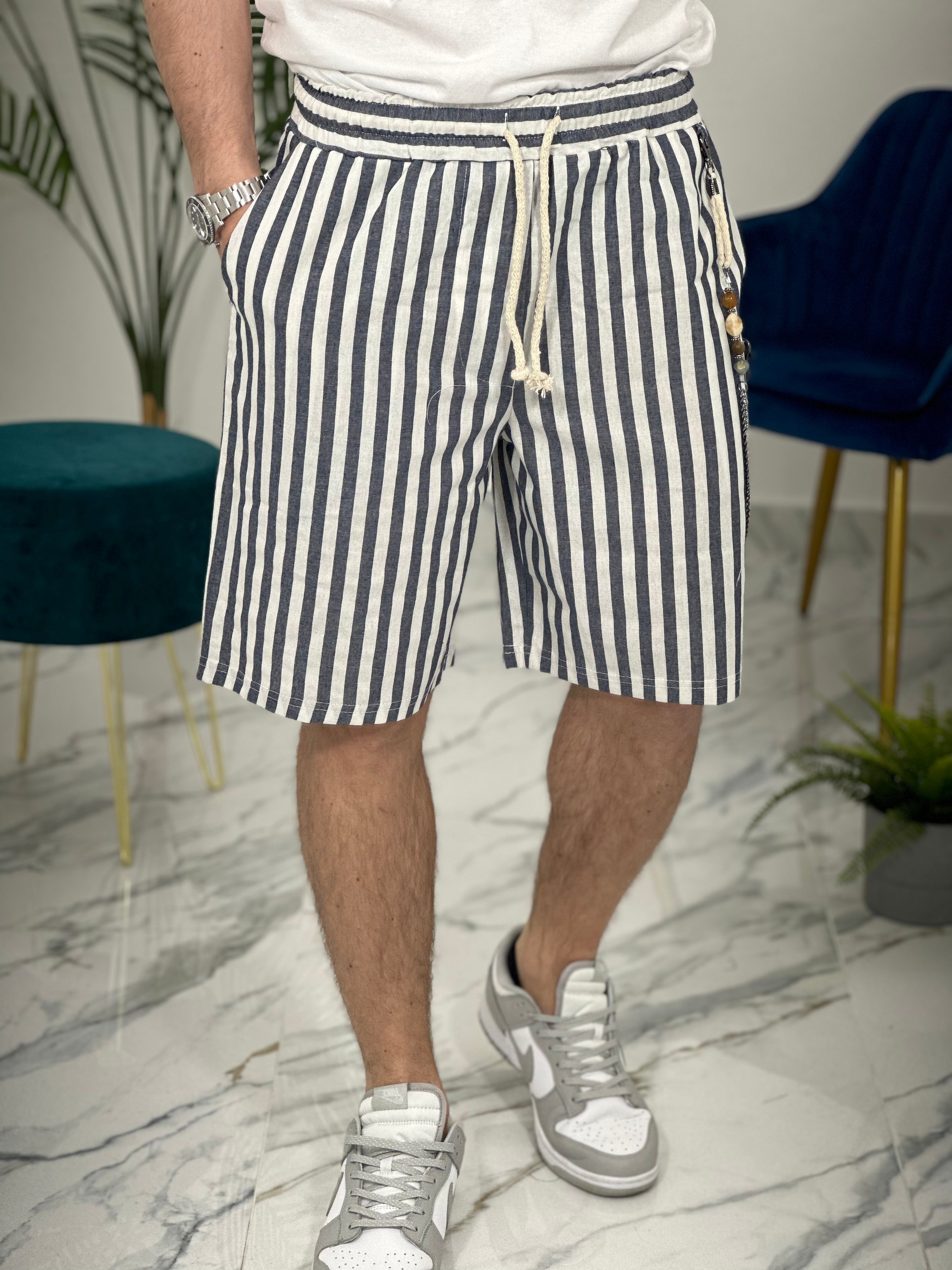 BERMUDA IN LINO A STRISCE COL.BLU