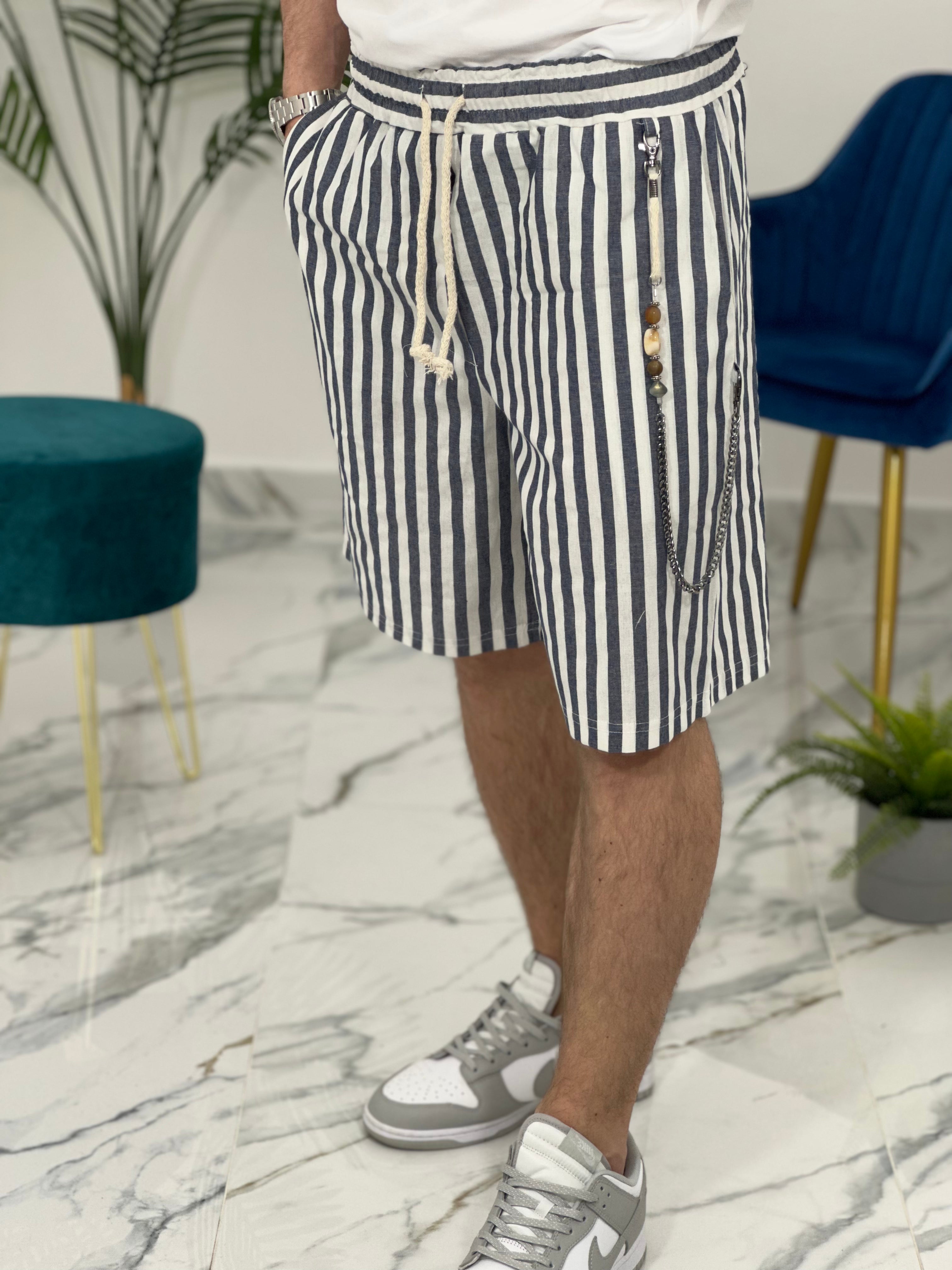 BERMUDA IN LINO A STRISCE COL.BLU