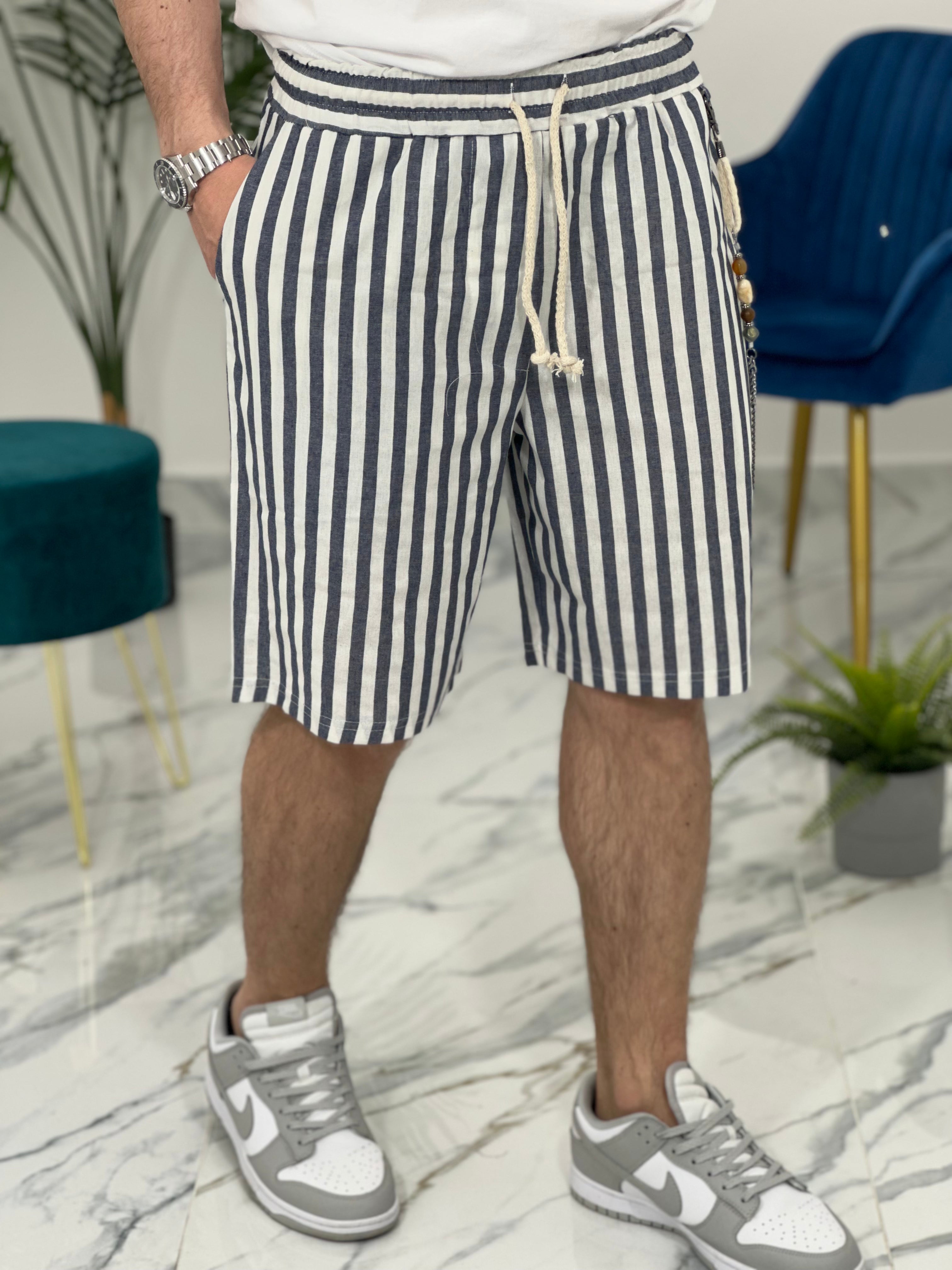 BERMUDA IN LINO A STRISCE COL.BLU