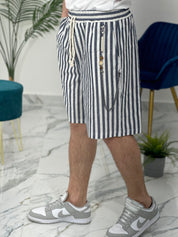 BERMUDA IN LINO A STRISCE COL.BLU