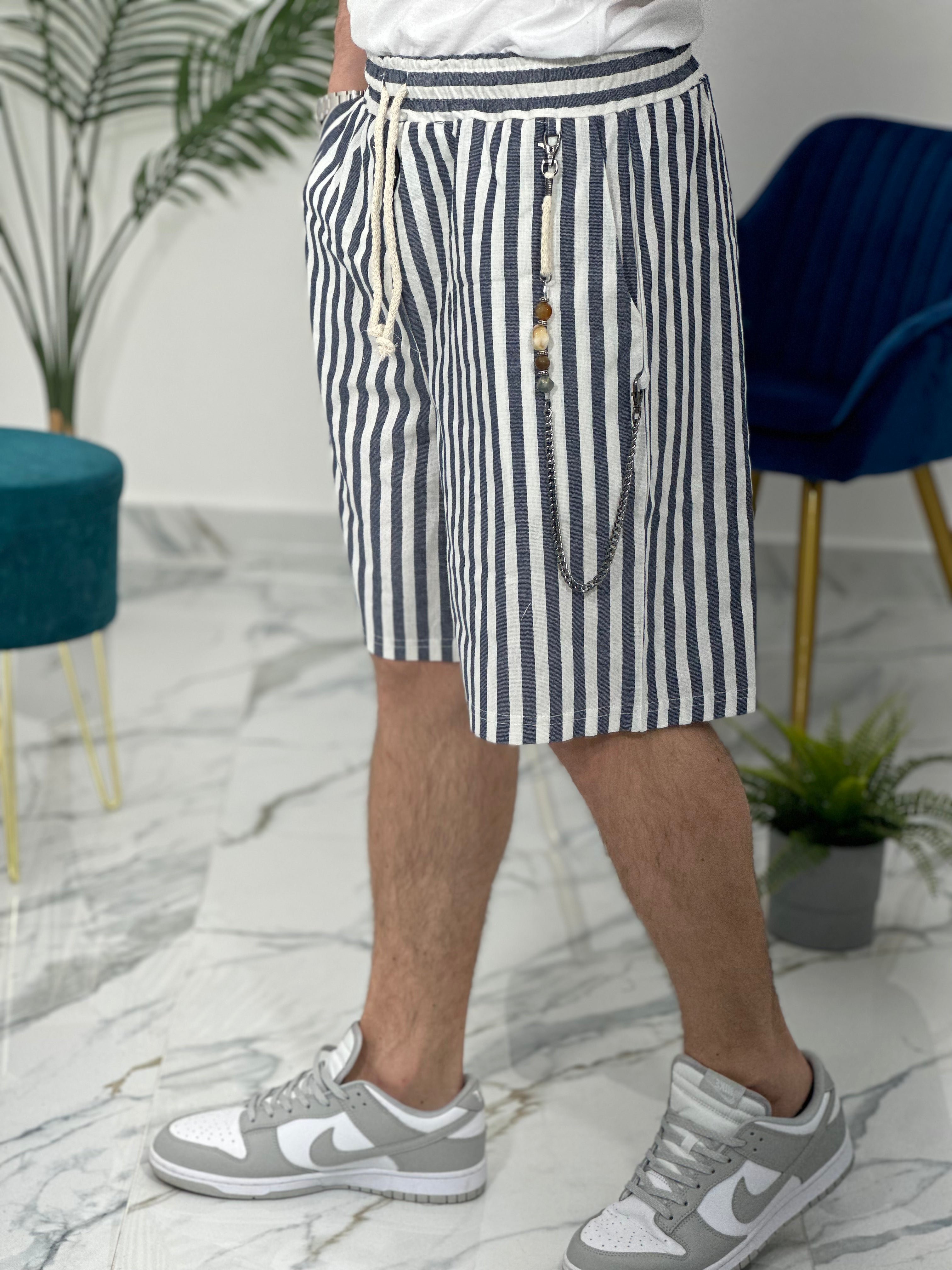 BERMUDA IN LINO A STRISCE COL.BLU