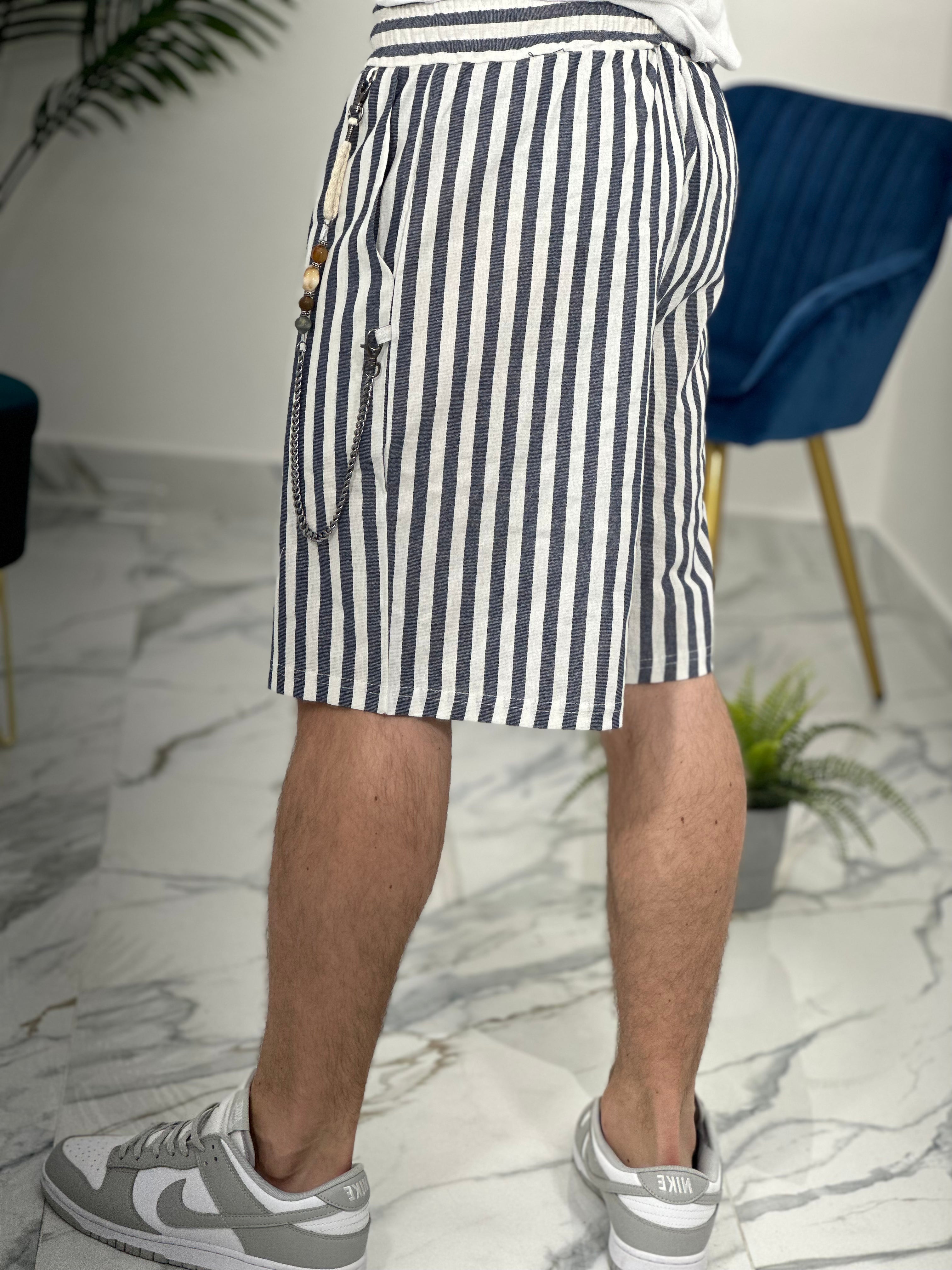 BERMUDA IN LINO A STRISCE COL.BLU