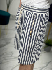 BERMUDA IN LINO A STRISCE COL.BLU
