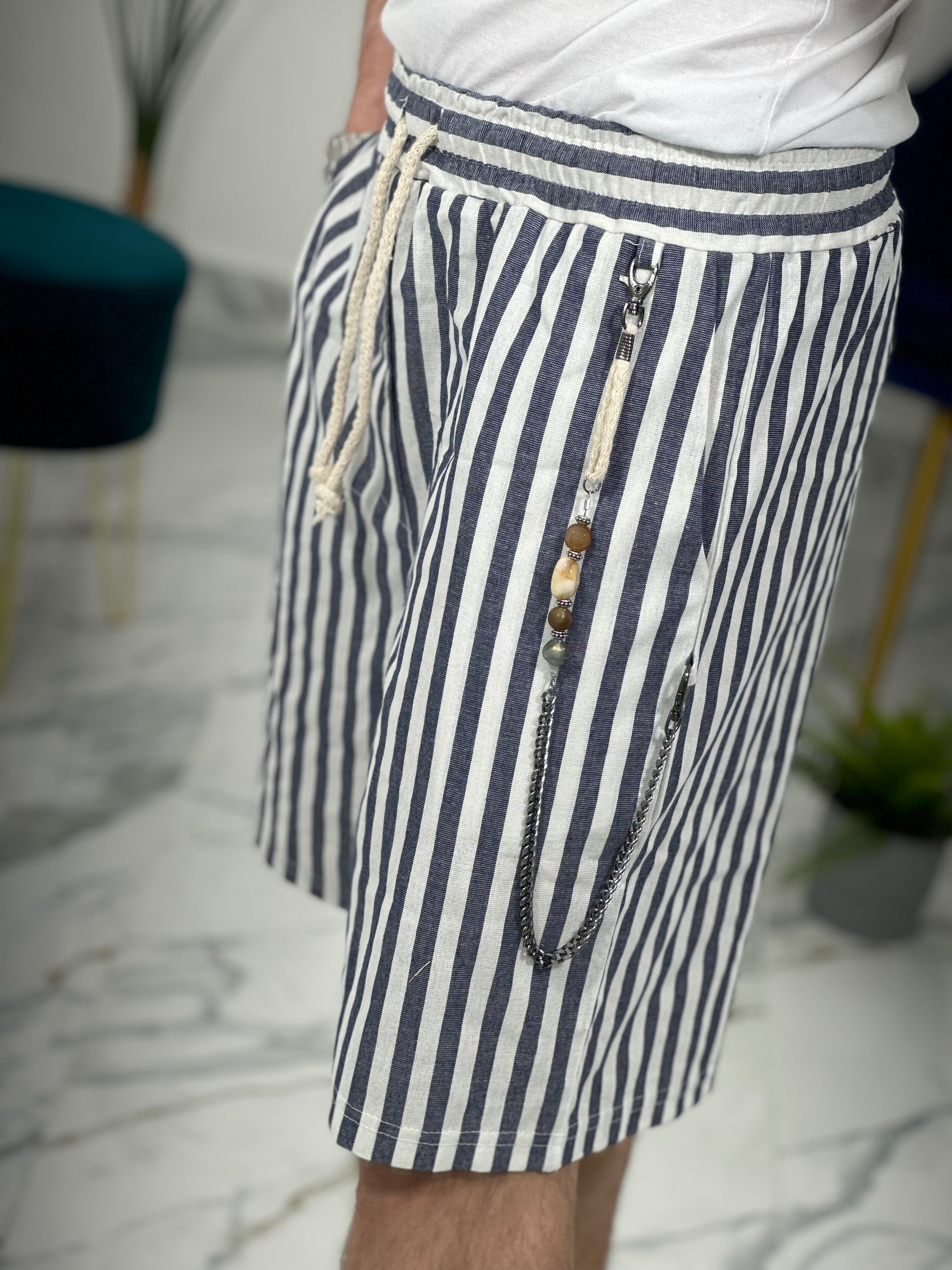 BERMUDA IN LINO A STRISCE COL.BLU