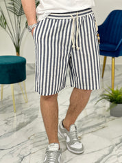 BERMUDA IN LINO A STRISCE COL.BLU