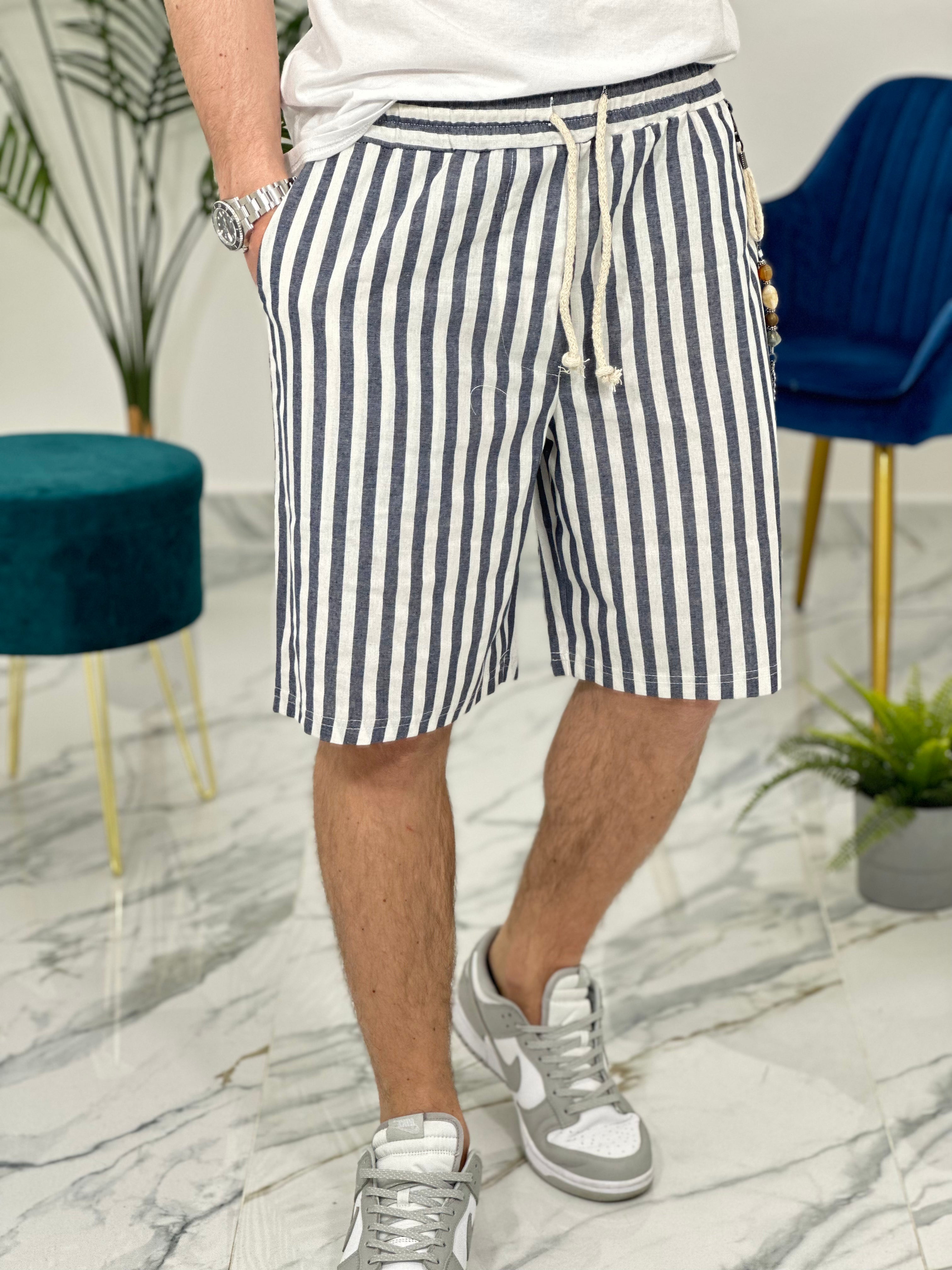 BERMUDA IN LINO A STRISCE COL.BLU