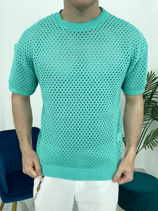 T-SHIRT TRAFORATA GIROCOLLO COL.VERDE ACQUA