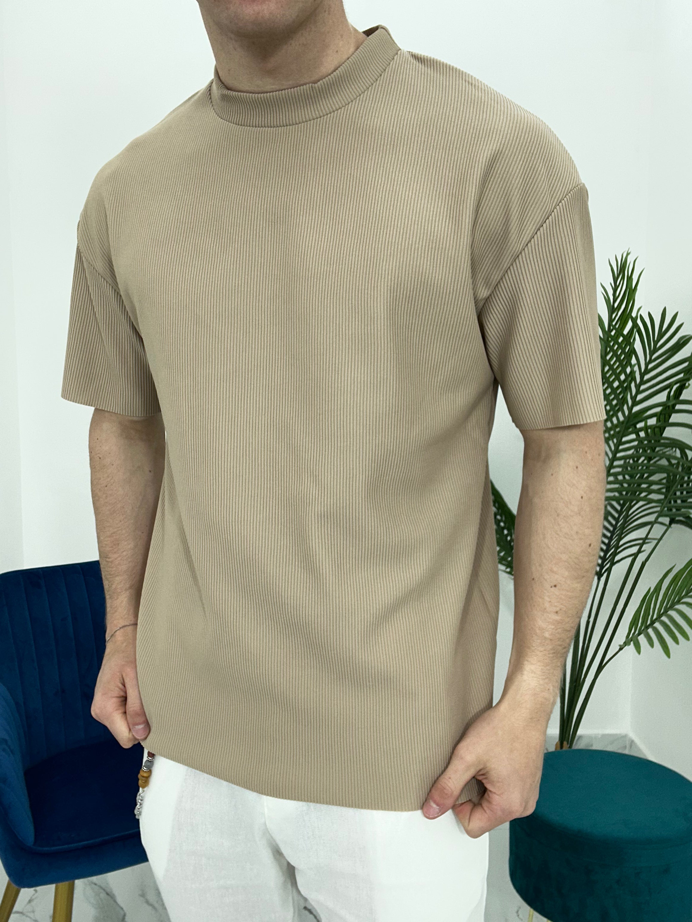 T-SHIRT GIROCOLLO A COSTINE TAGLIO VIVO COL.BEIGE