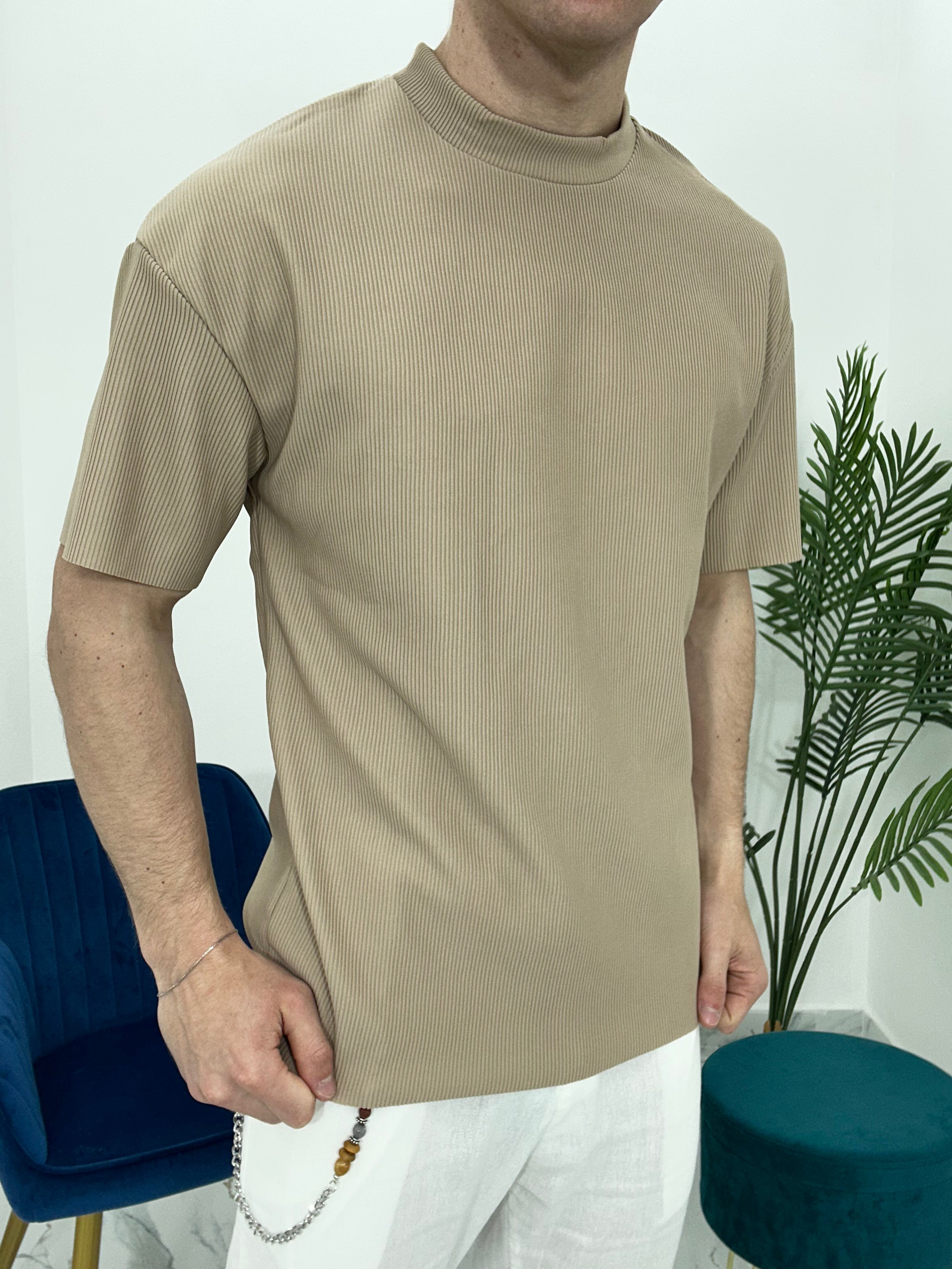 T-SHIRT GIROCOLLO A COSTINE TAGLIO VIVO COL.BEIGE